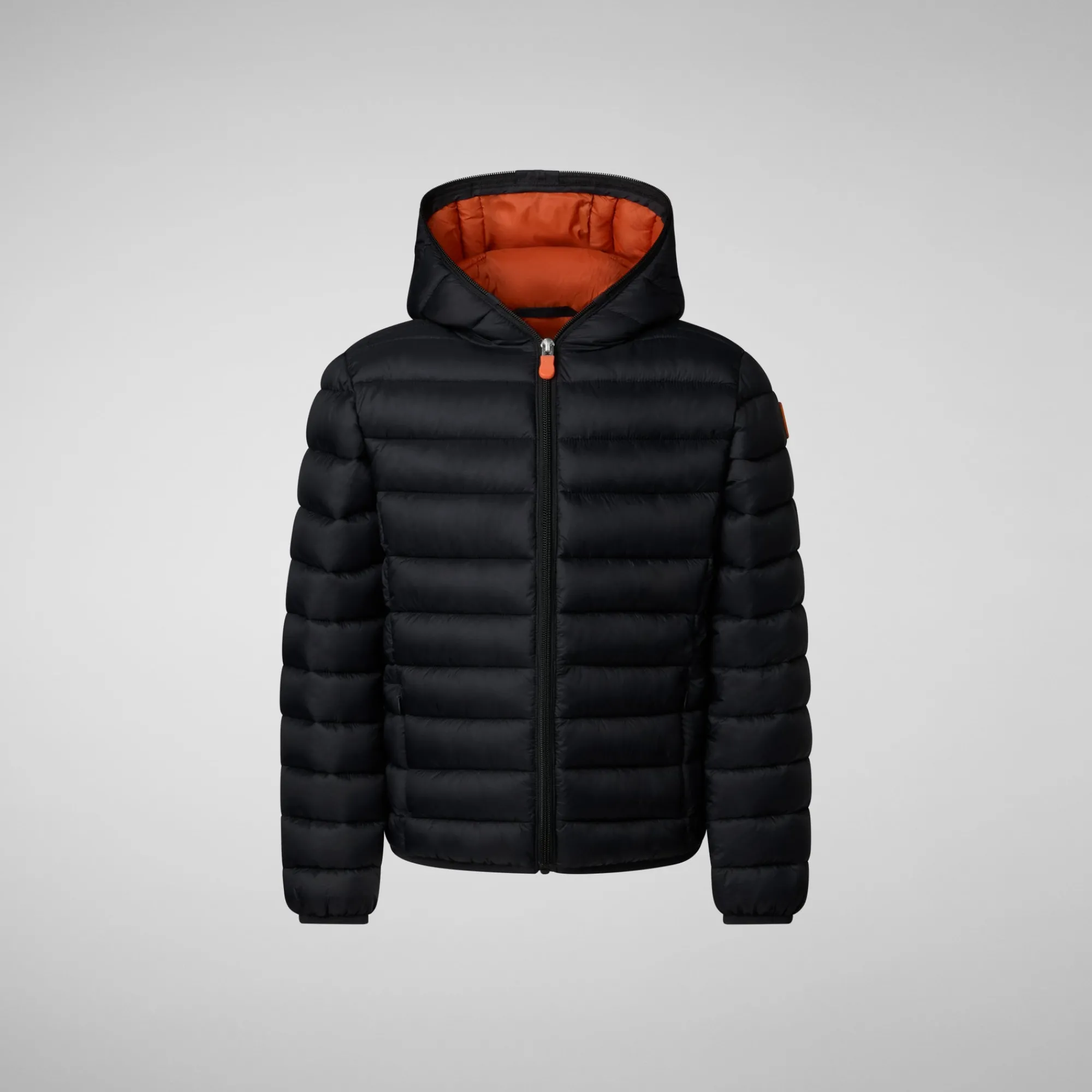 New Save The Duck Boys' Hooded Animal free Puffer Jacket Dony in Black with Ginger Lining