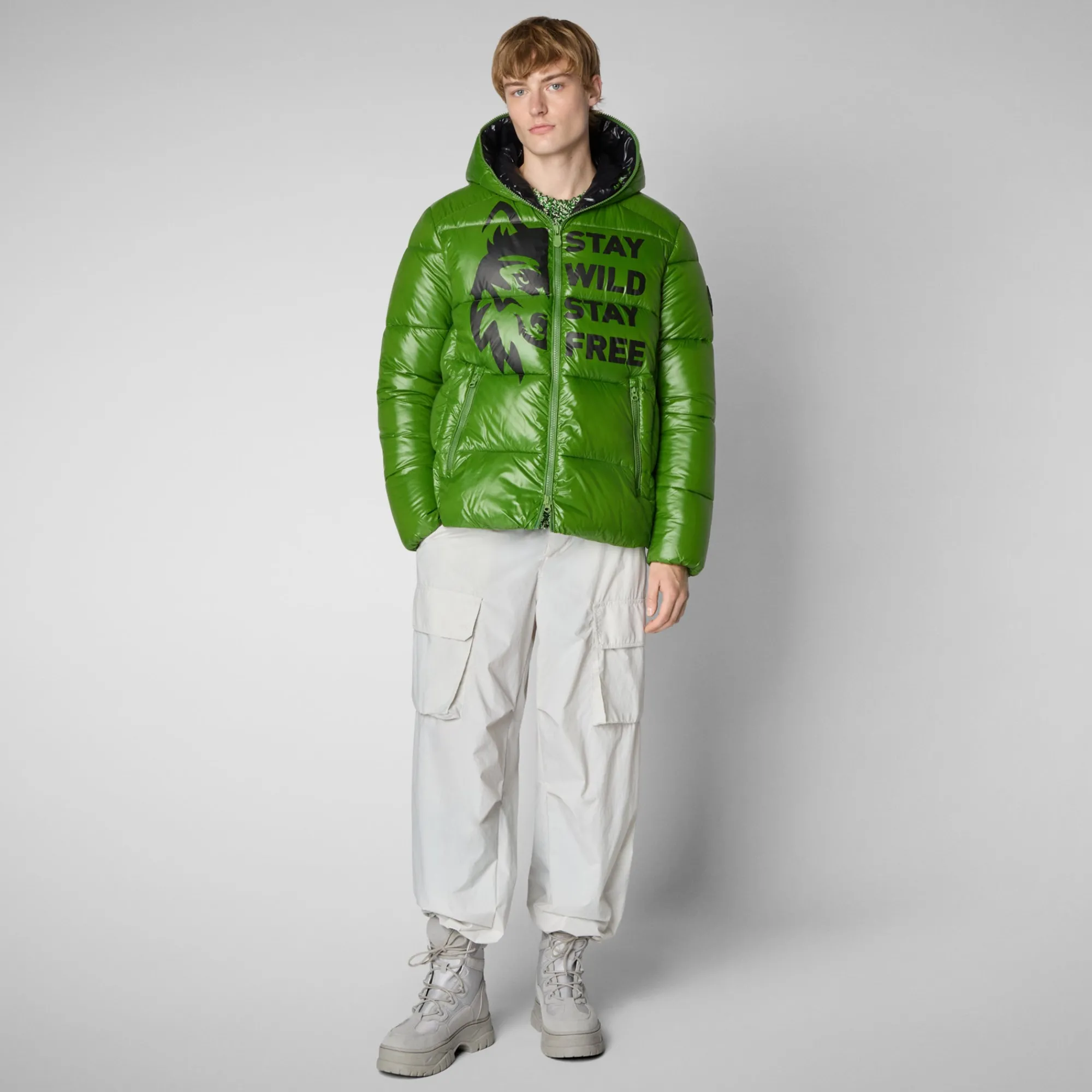Outlet Save The Duck Men's animal free hooded Animal free Puffer jacket Evander in grass green wolf print GrassGreenWolfPrint
