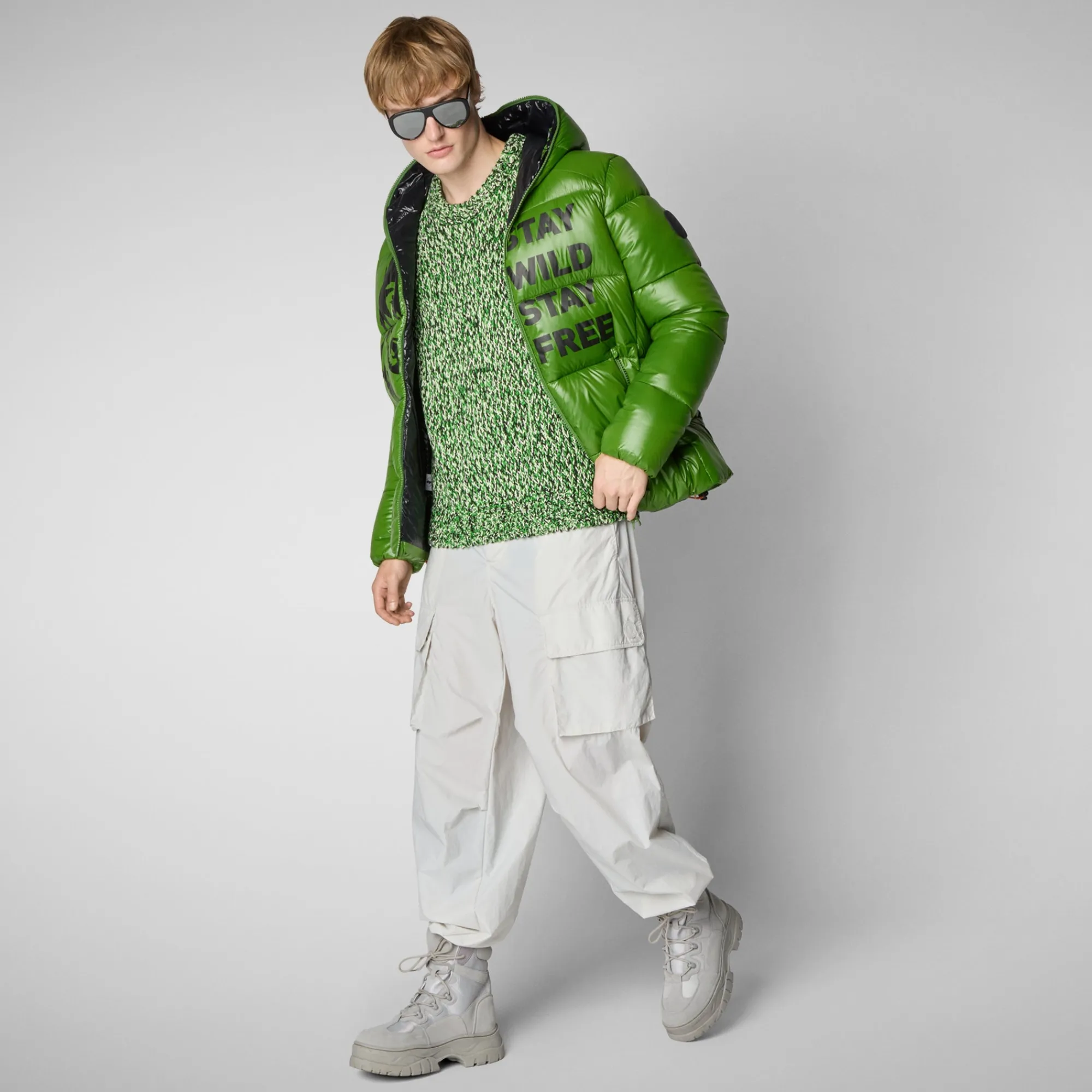 Outlet Save The Duck Men's animal free hooded Animal free Puffer jacket Evander in grass green wolf print GrassGreenWolfPrint