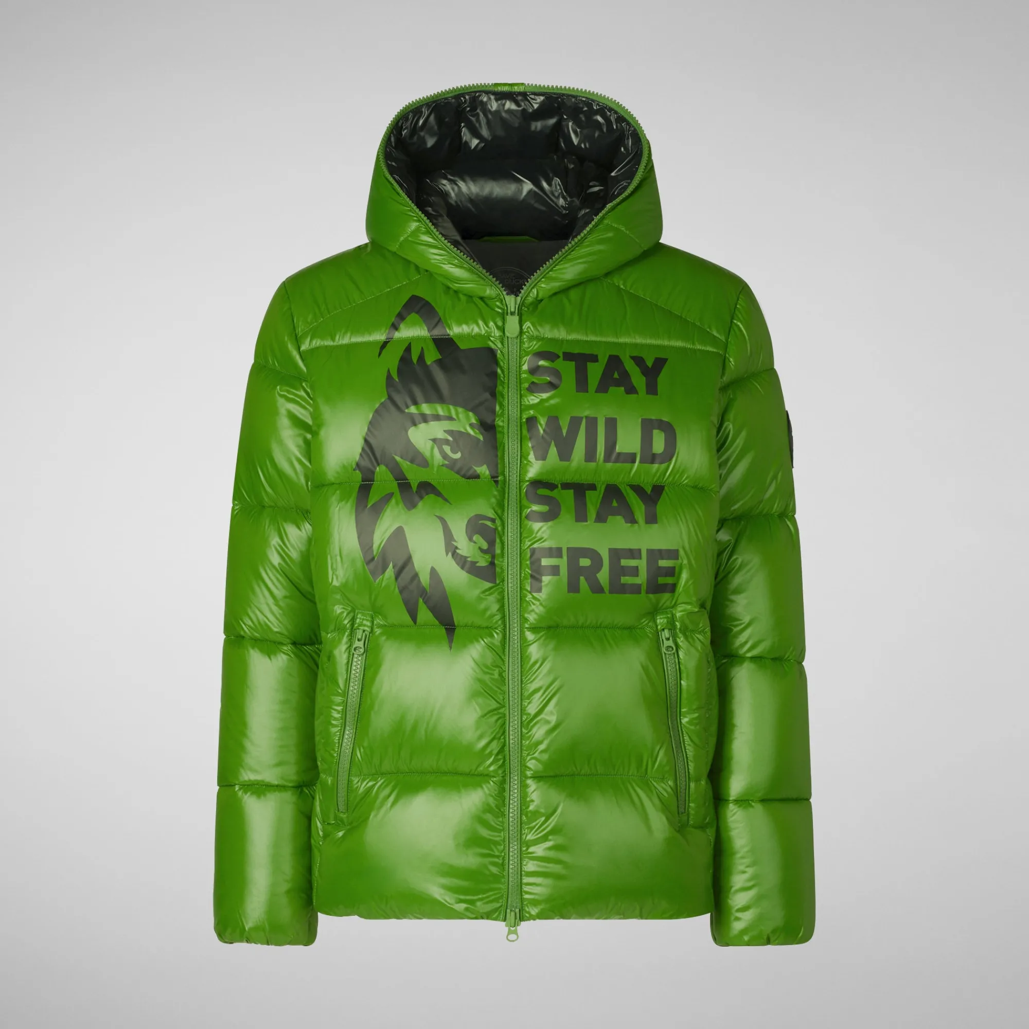 Outlet Save The Duck Men's animal free hooded Animal free Puffer jacket Evander in grass green wolf print GrassGreenWolfPrint
