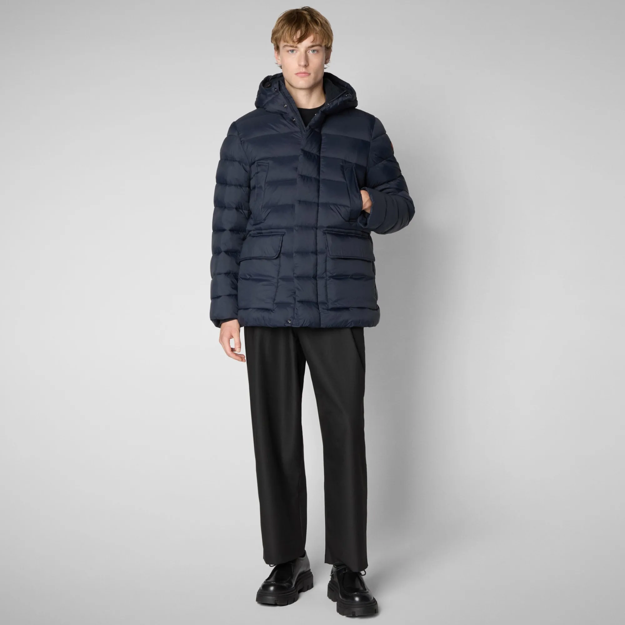 Best Sale Save The Duck Men's animal free hooded Animal free Puffer jacket Lyle in blue black BlueBlack