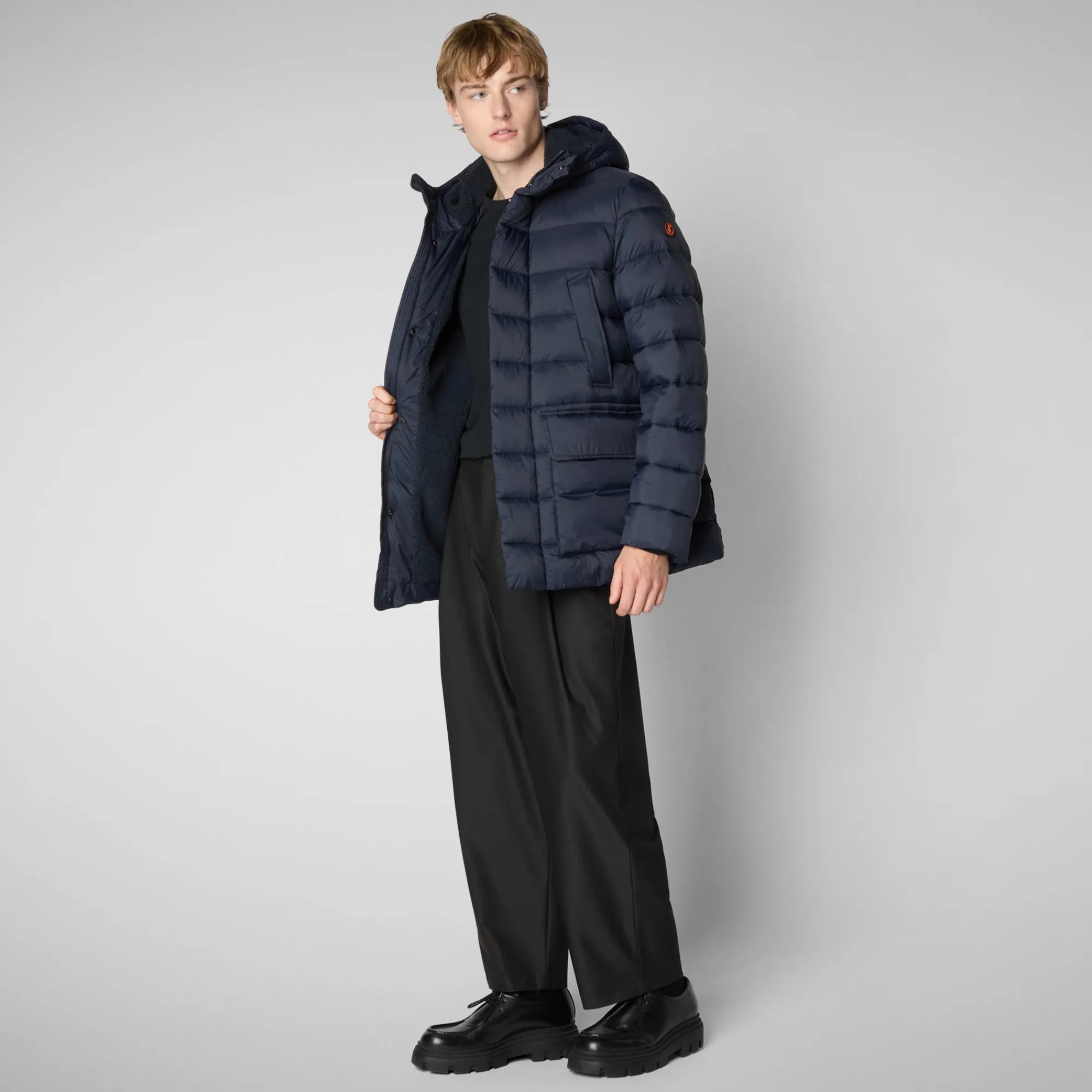 Best Sale Save The Duck Men's animal free hooded Animal free Puffer jacket Lyle in blue black BlueBlack