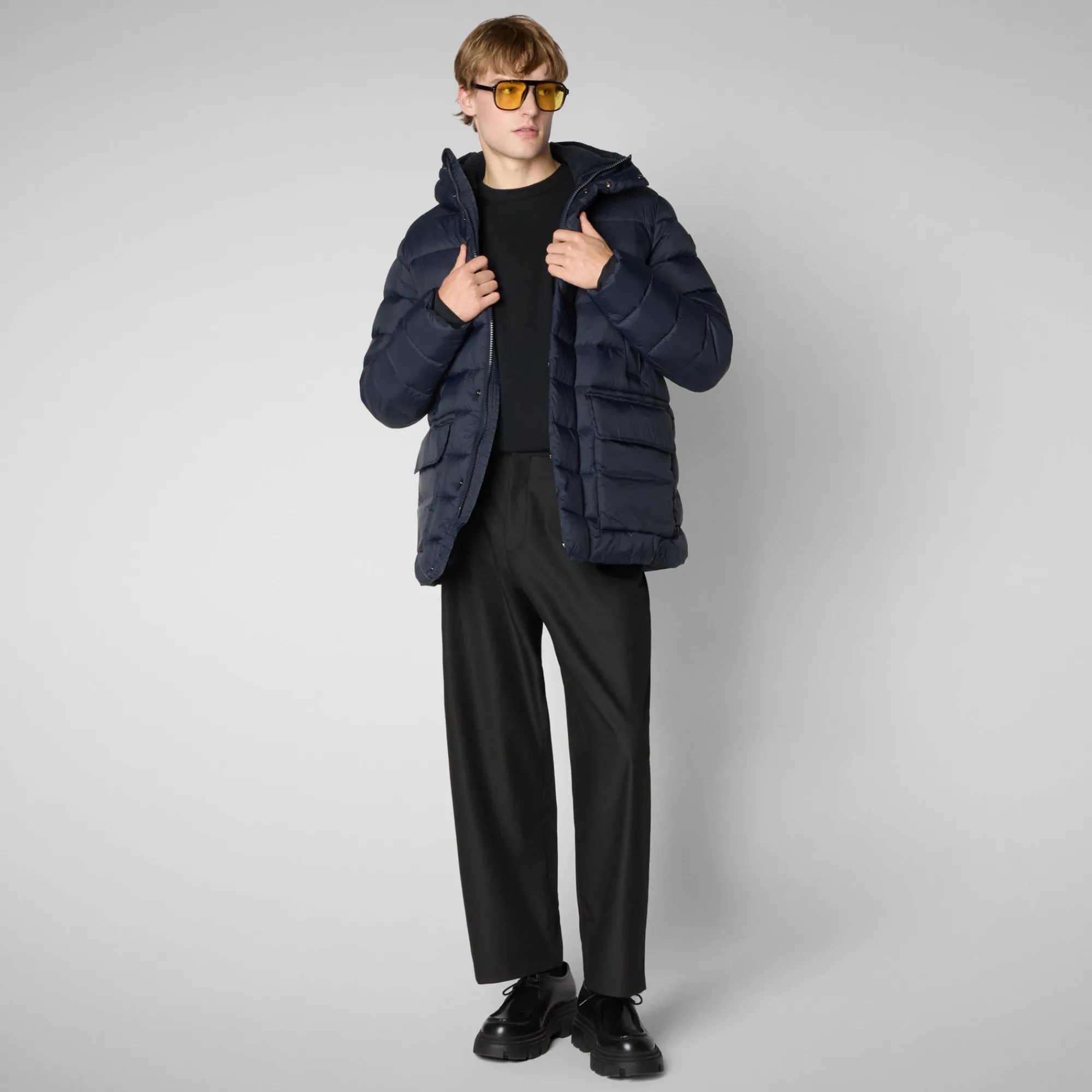 Best Sale Save The Duck Men's animal free hooded Animal free Puffer jacket Lyle in blue black BlueBlack