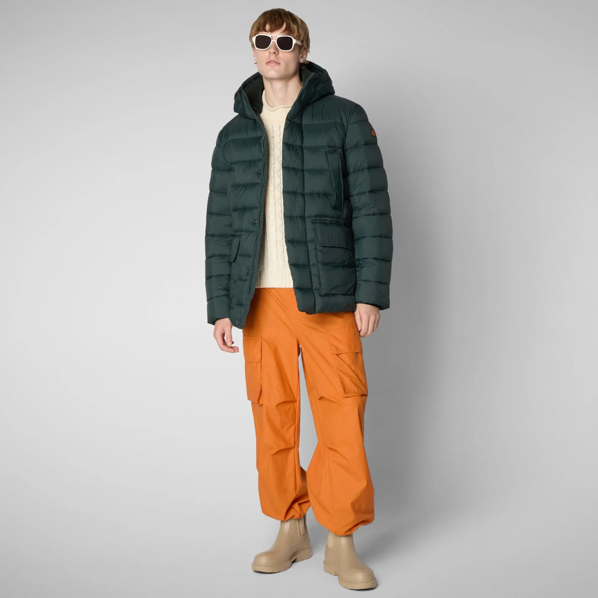Cheap Save The Duck Men's animal free hooded Animal free Puffer jacket Lyle in green black GreenBlack