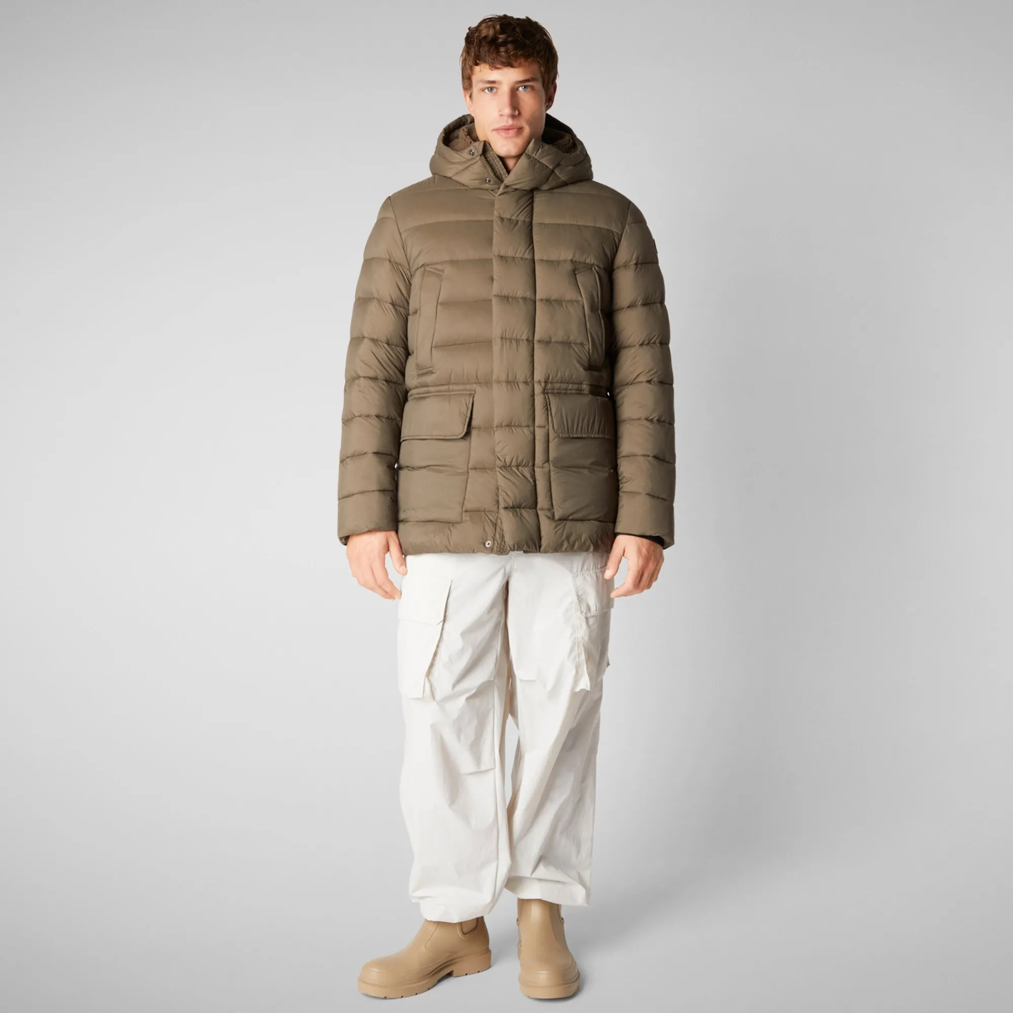 Sale Save The Duck Men's  animal free hooded Animal free Puffer jacket Lyle in mud grey Mudgrey