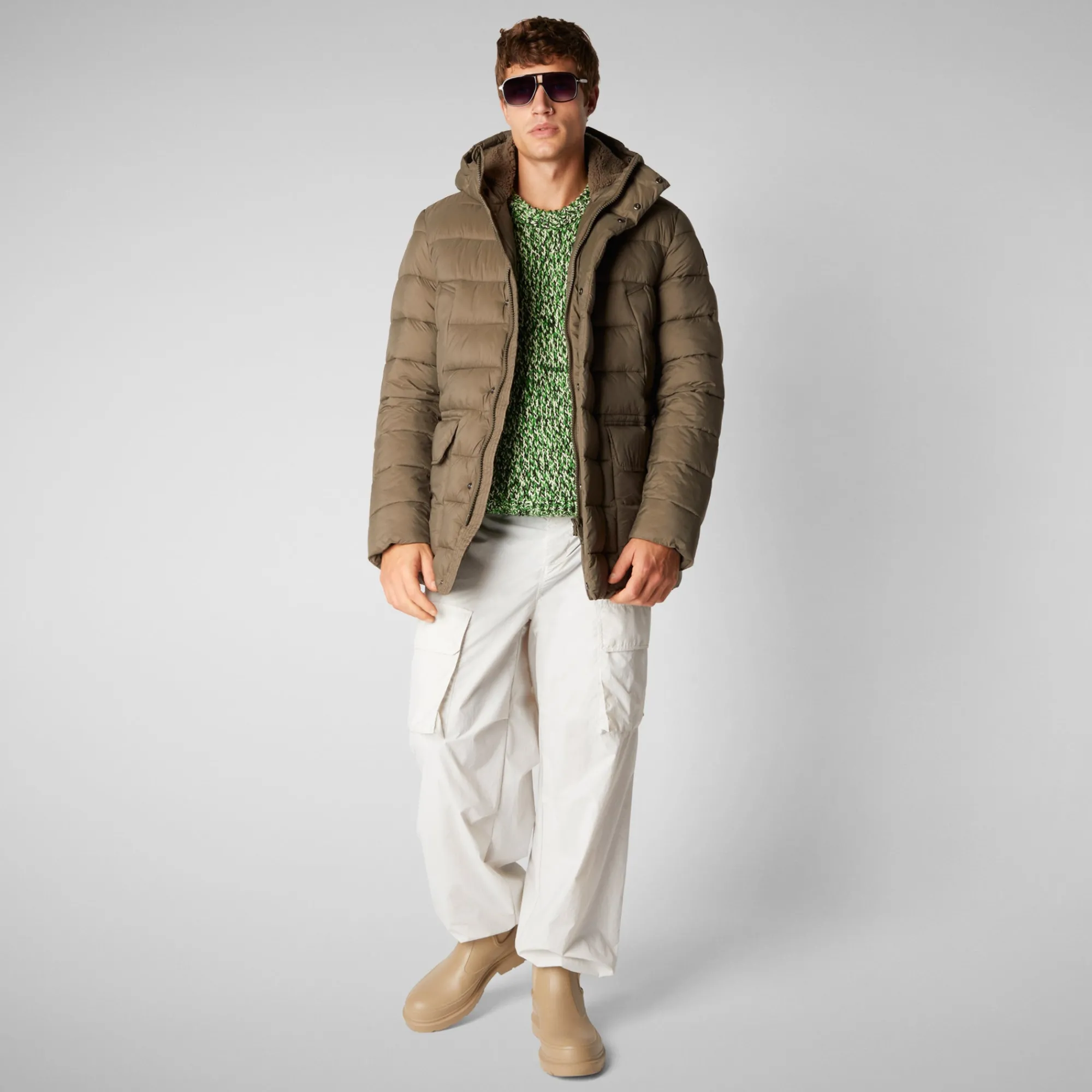Sale Save The Duck Men's  animal free hooded Animal free Puffer jacket Lyle in mud grey Mudgrey