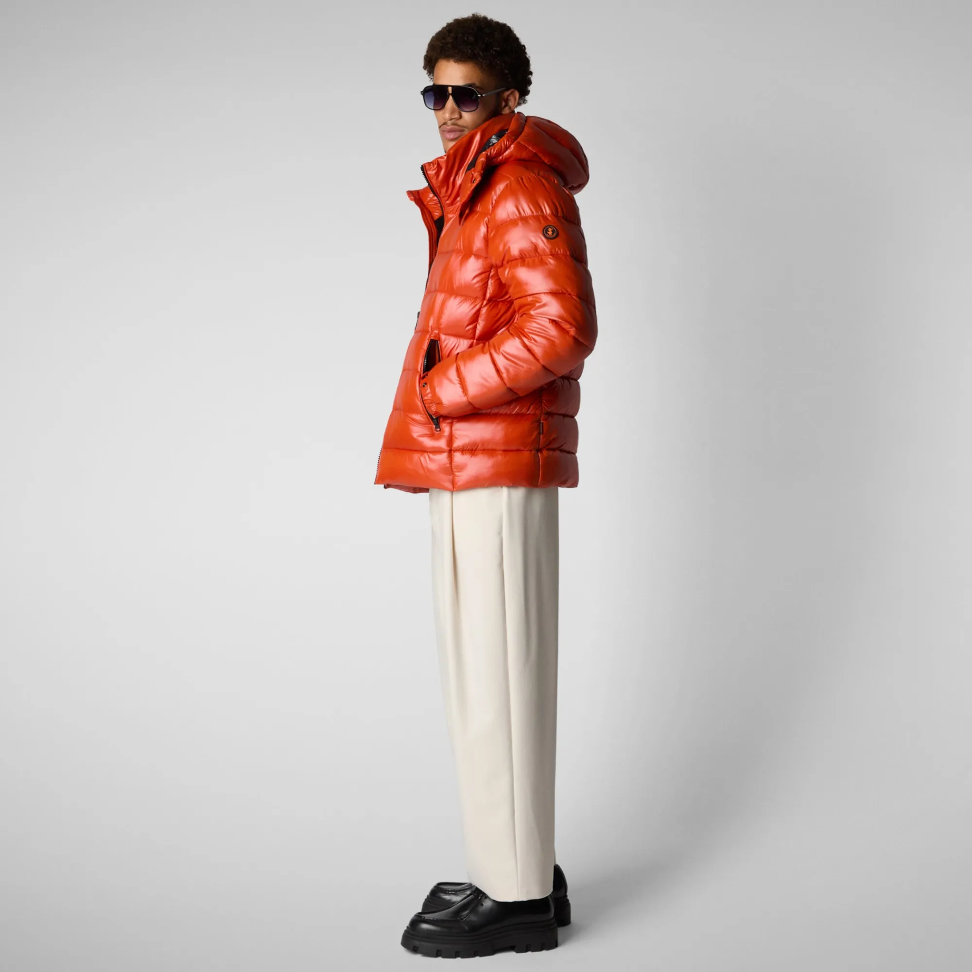 Sale Save The Duck Men's  Florian Hooded Animal free Puffer Jacket in Maple Orange MapleOrange