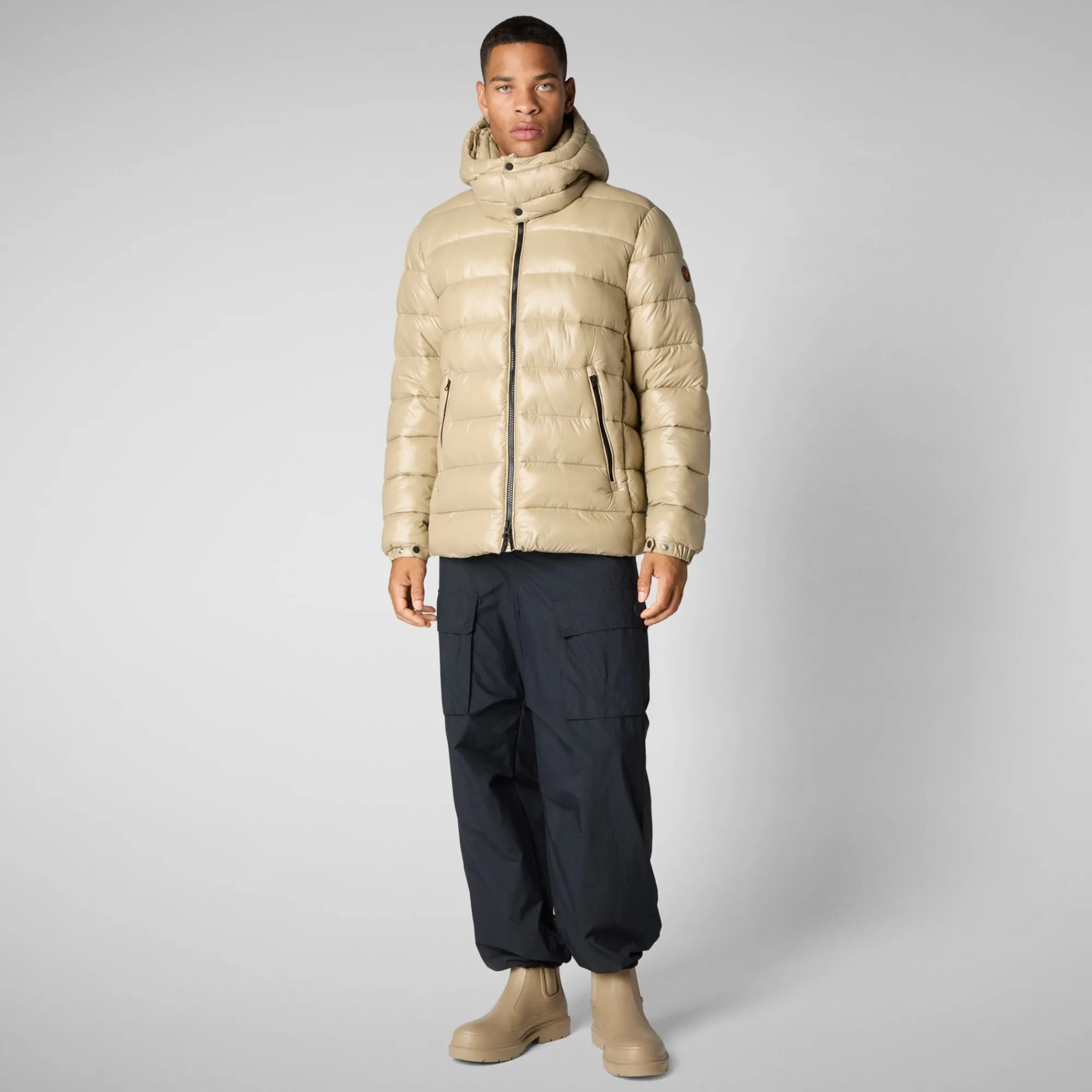 Best Save The Duck Men's  Florian Hooded Animal free Puffer Jacket in Wood Beige WoodBeige