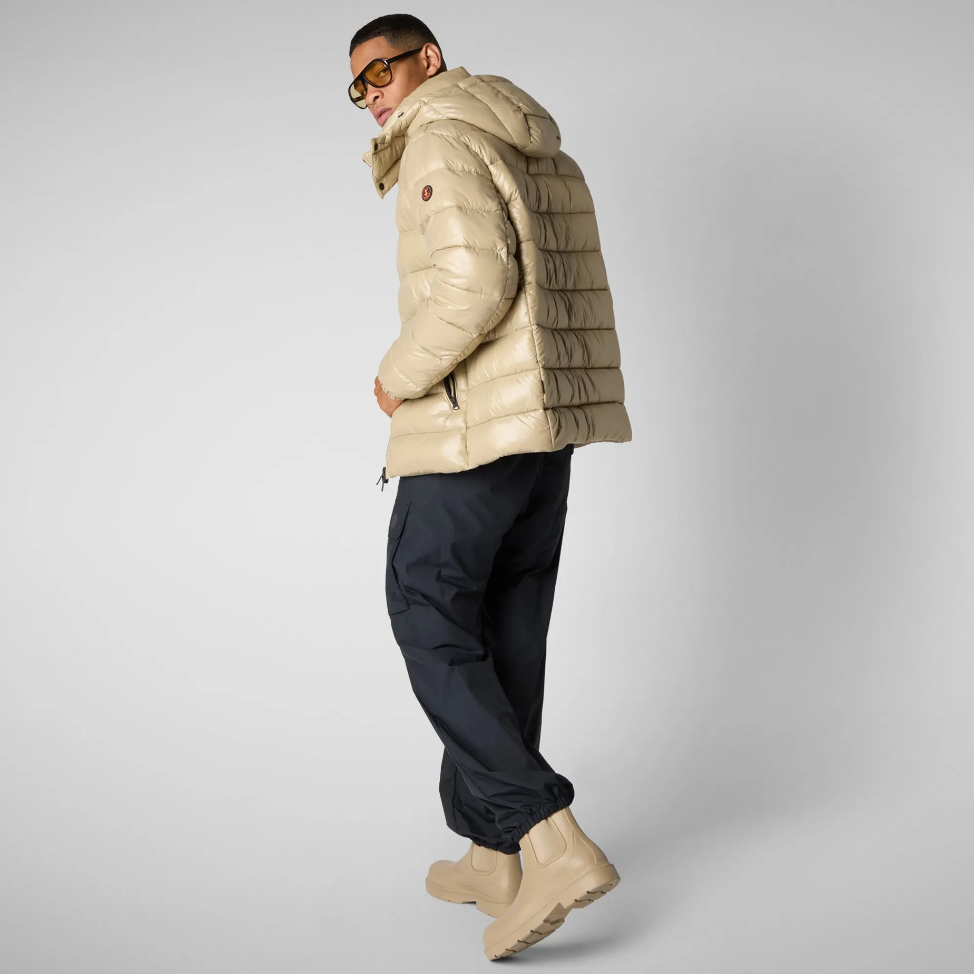 Best Save The Duck Men's  Florian Hooded Animal free Puffer Jacket in Wood Beige WoodBeige