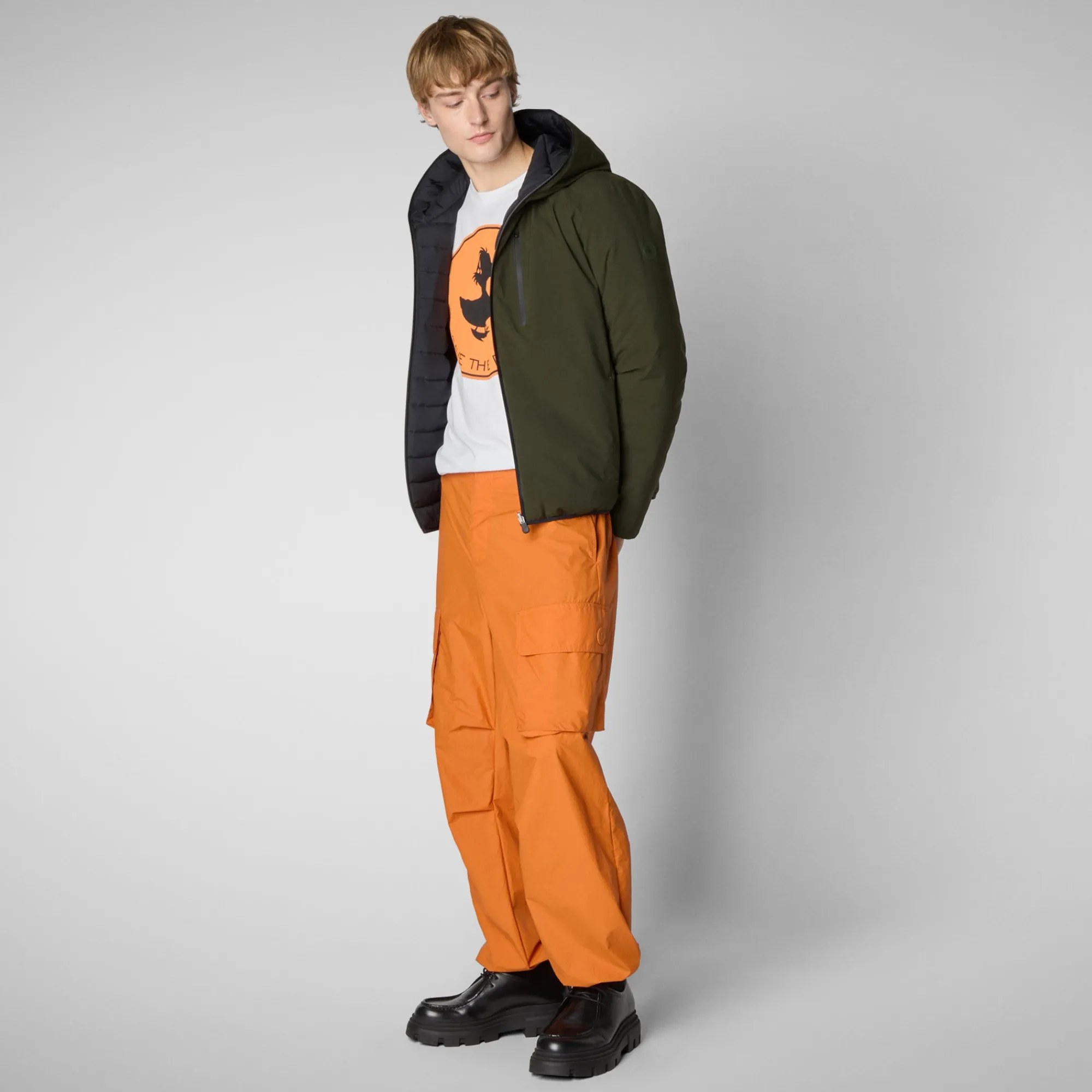 Outlet Save The Duck Men's  Hooded Animal free Puffer Jacket Ezra in Land Green LandGreen