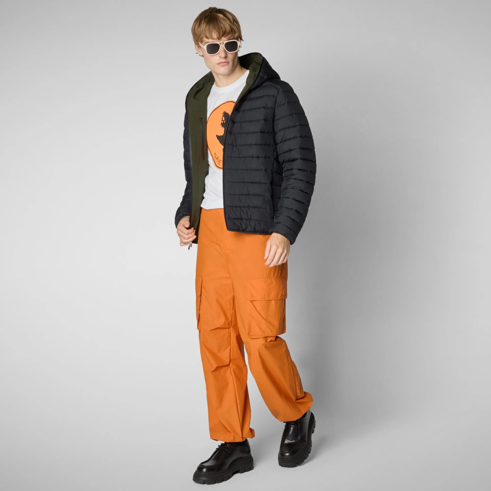Outlet Save The Duck Men's  Hooded Animal free Puffer Jacket Ezra in Land Green LandGreen