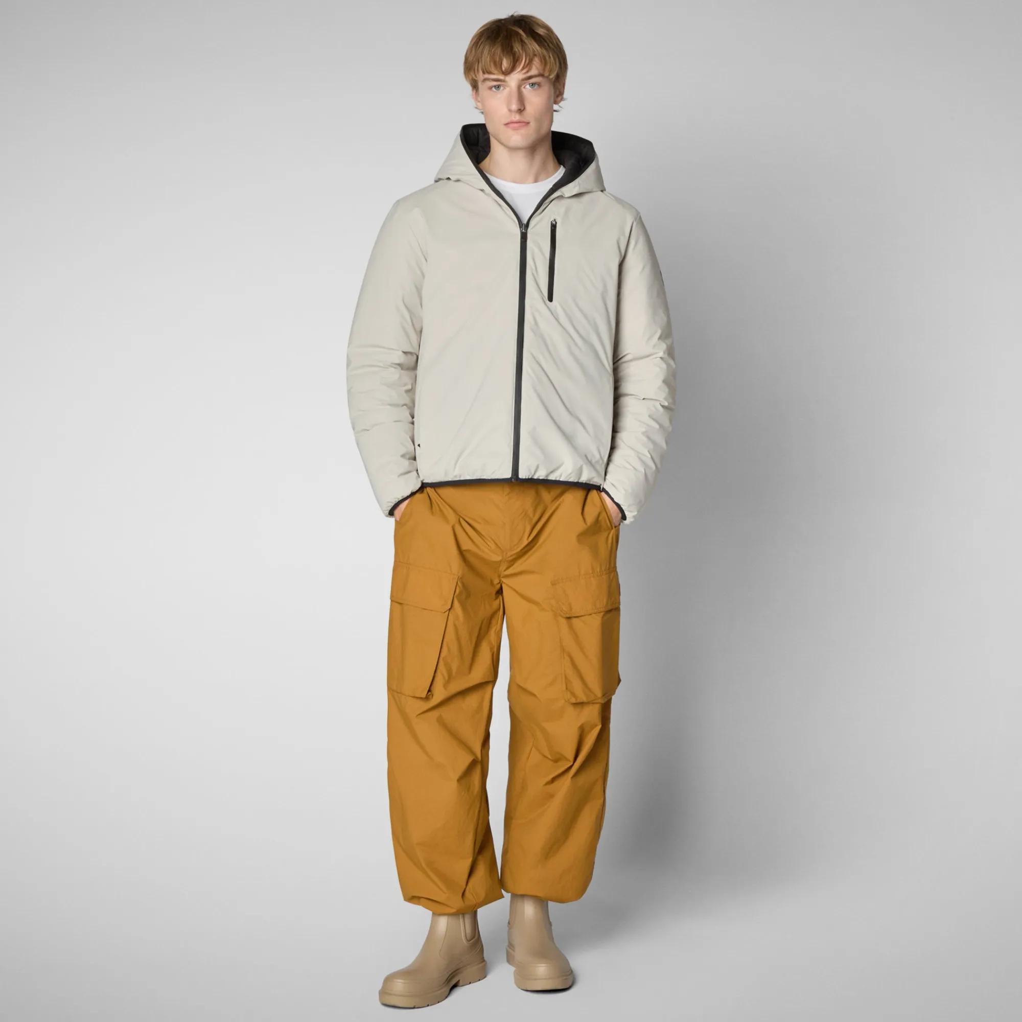 Clearance Save The Duck Men's Hooded Animal free Puffer Jacket Ezra in Rainy Beige RainyBeige