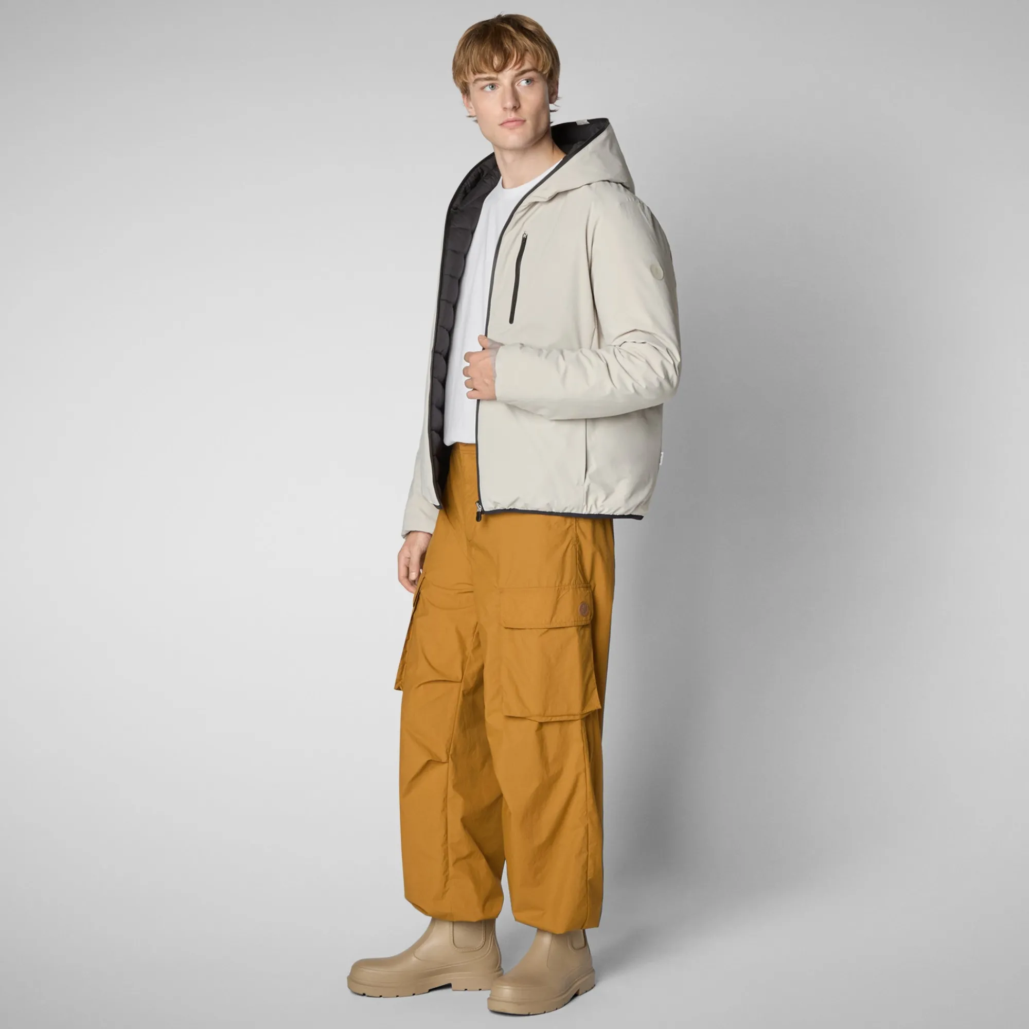 Clearance Save The Duck Men's Hooded Animal free Puffer Jacket Ezra in Rainy Beige RainyBeige