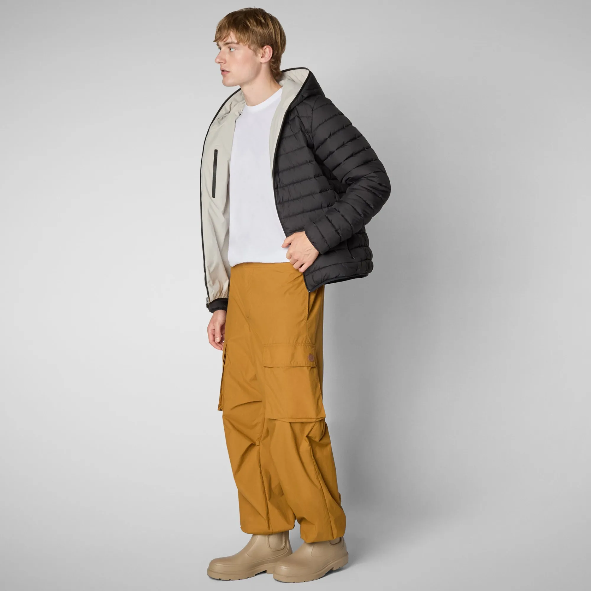 Clearance Save The Duck Men's Hooded Animal free Puffer Jacket Ezra in Rainy Beige RainyBeige