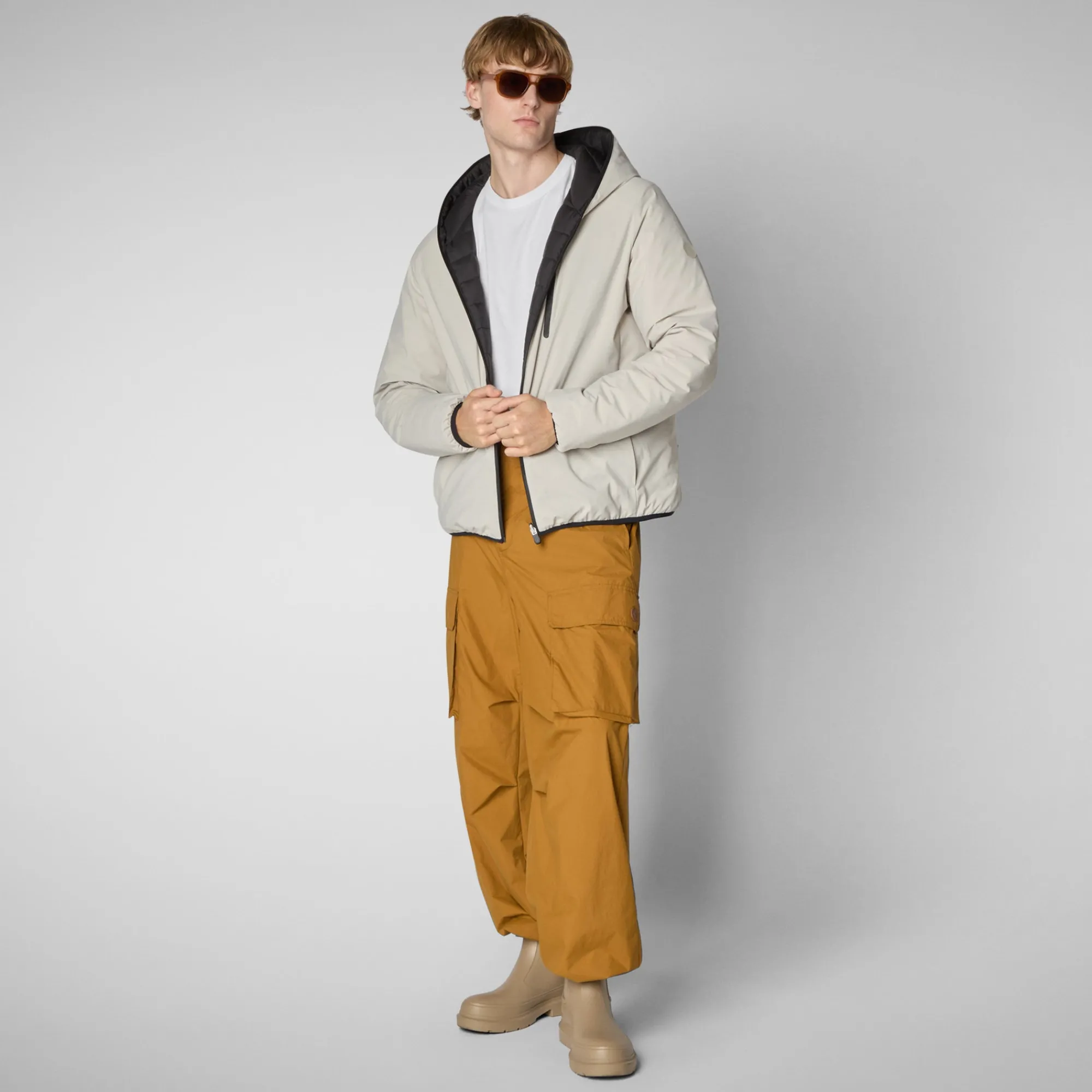 Clearance Save The Duck Men's Hooded Animal free Puffer Jacket Ezra in Rainy Beige RainyBeige