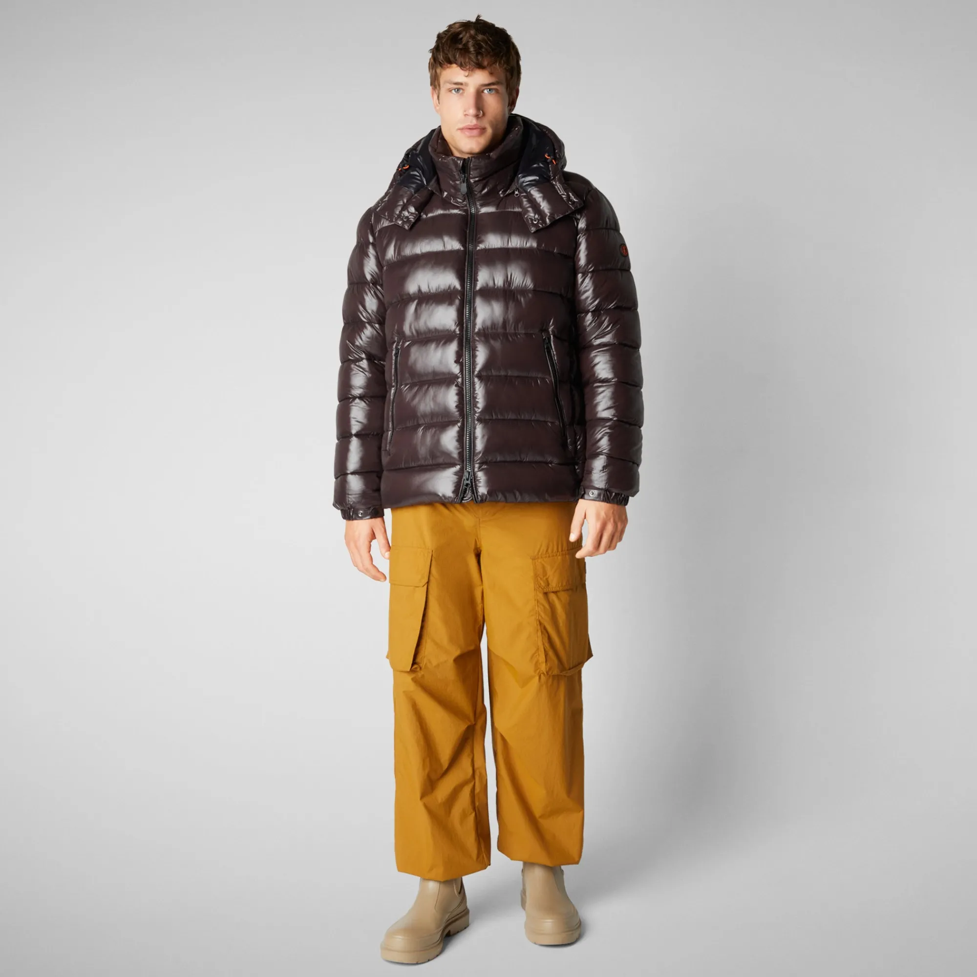 Online Save The Duck Men's Hooded Animal free Puffer Jacket Florian in Brown Black BrownBlack