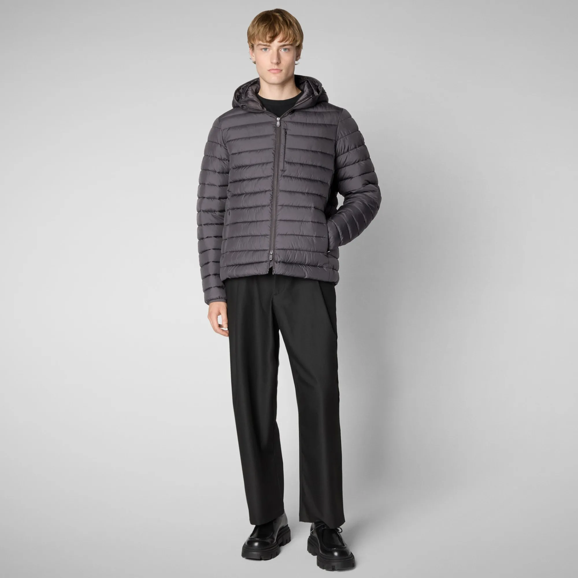 Cheap Save The Duck Men's  Hooded Animal free Puffer Jacket Juncus in Grey Black GreyBlack