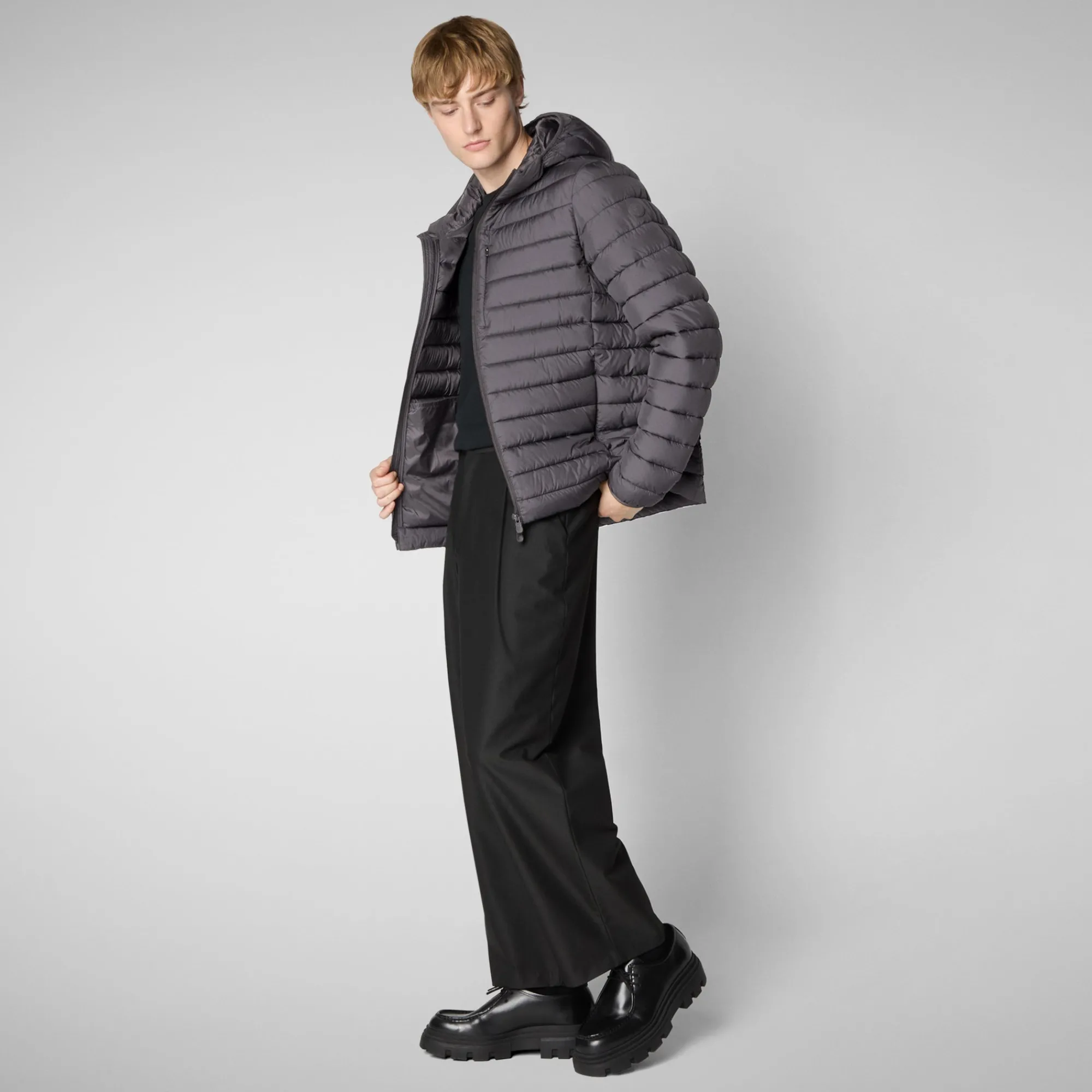 Cheap Save The Duck Men's  Hooded Animal free Puffer Jacket Juncus in Grey Black GreyBlack