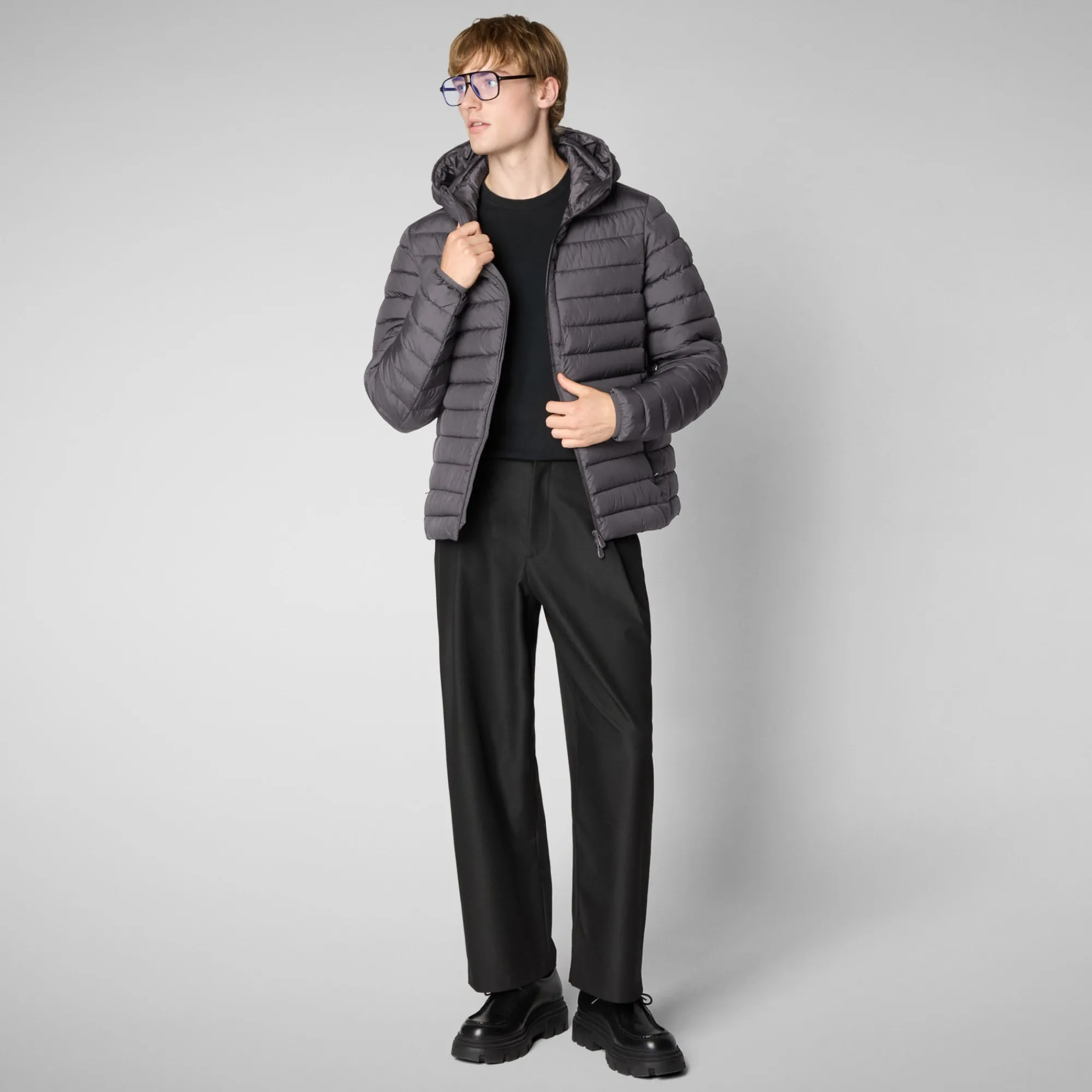 Cheap Save The Duck Men's  Hooded Animal free Puffer Jacket Juncus in Grey Black GreyBlack