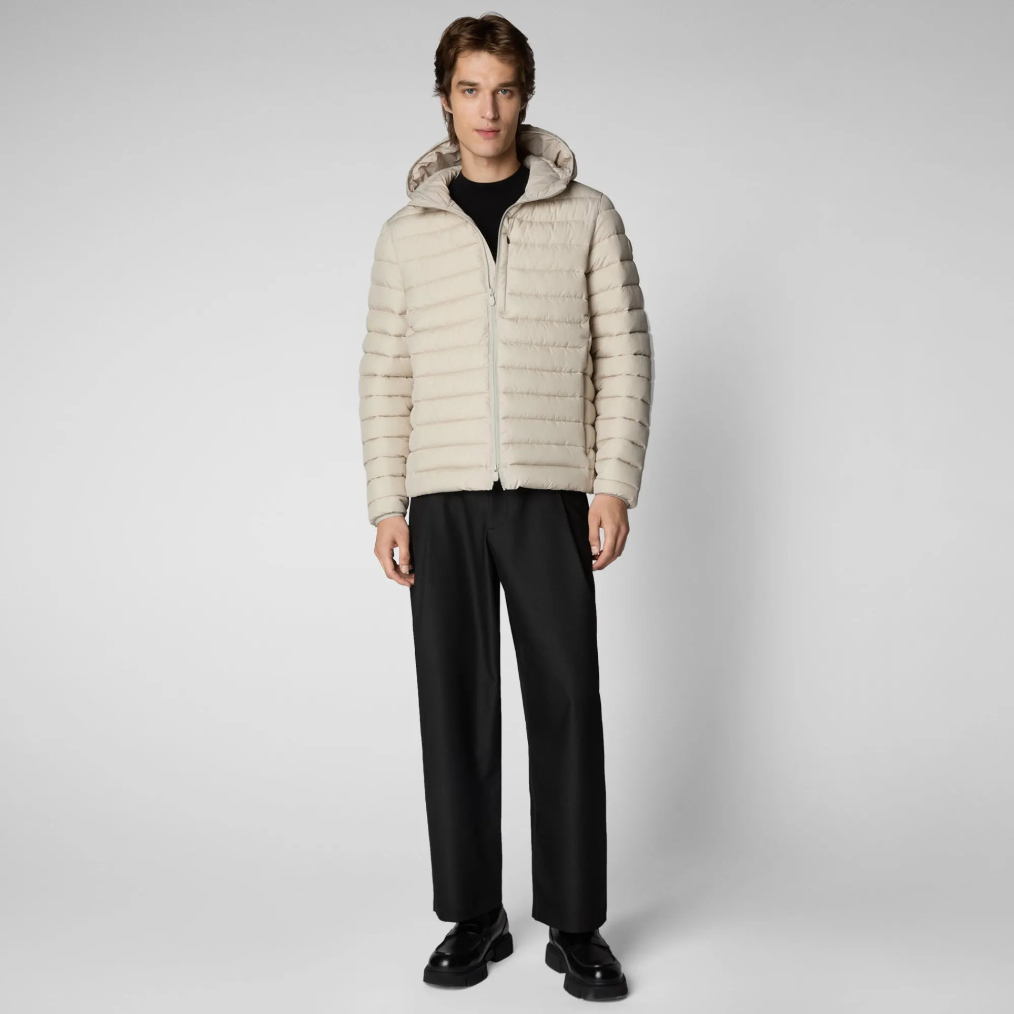 Shop Save The Duck Men's Hooded Animal free Puffer Jacket Juncus in Rainy Beige RainyBeige