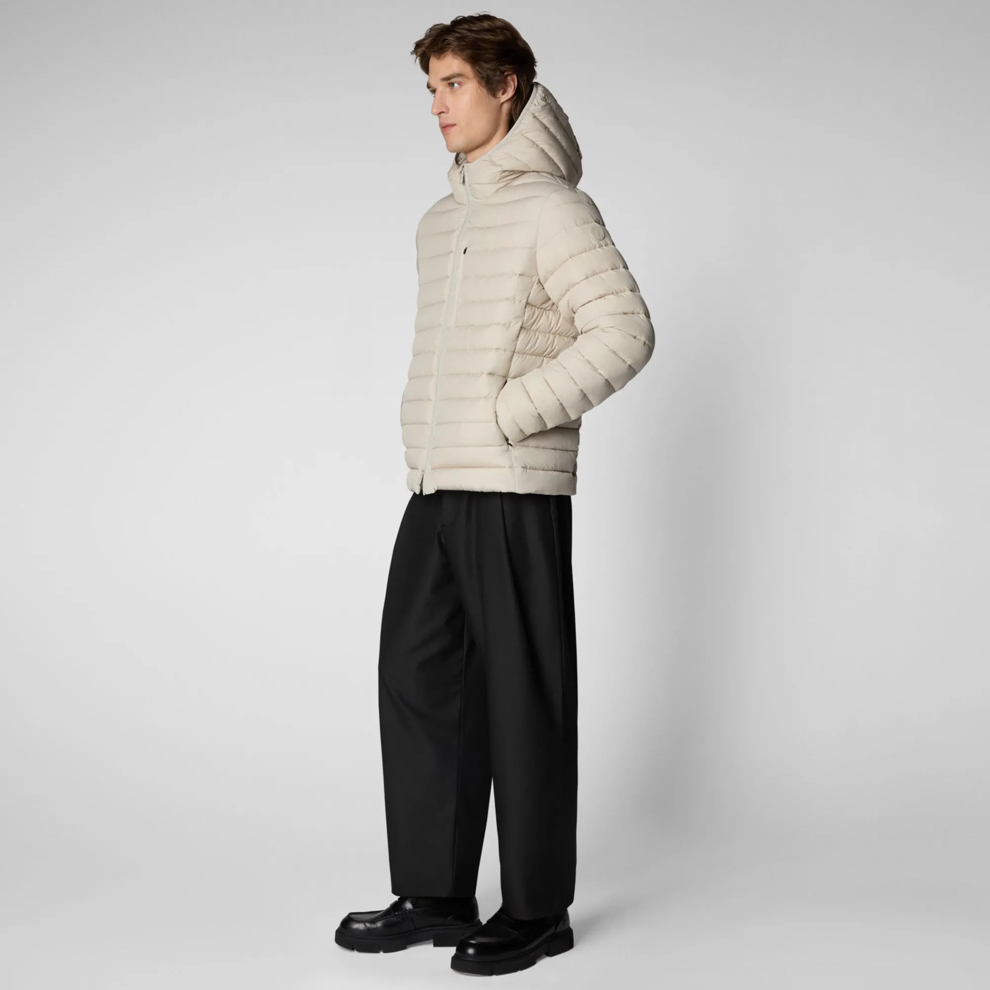 Shop Save The Duck Men's Hooded Animal free Puffer Jacket Juncus in Rainy Beige RainyBeige