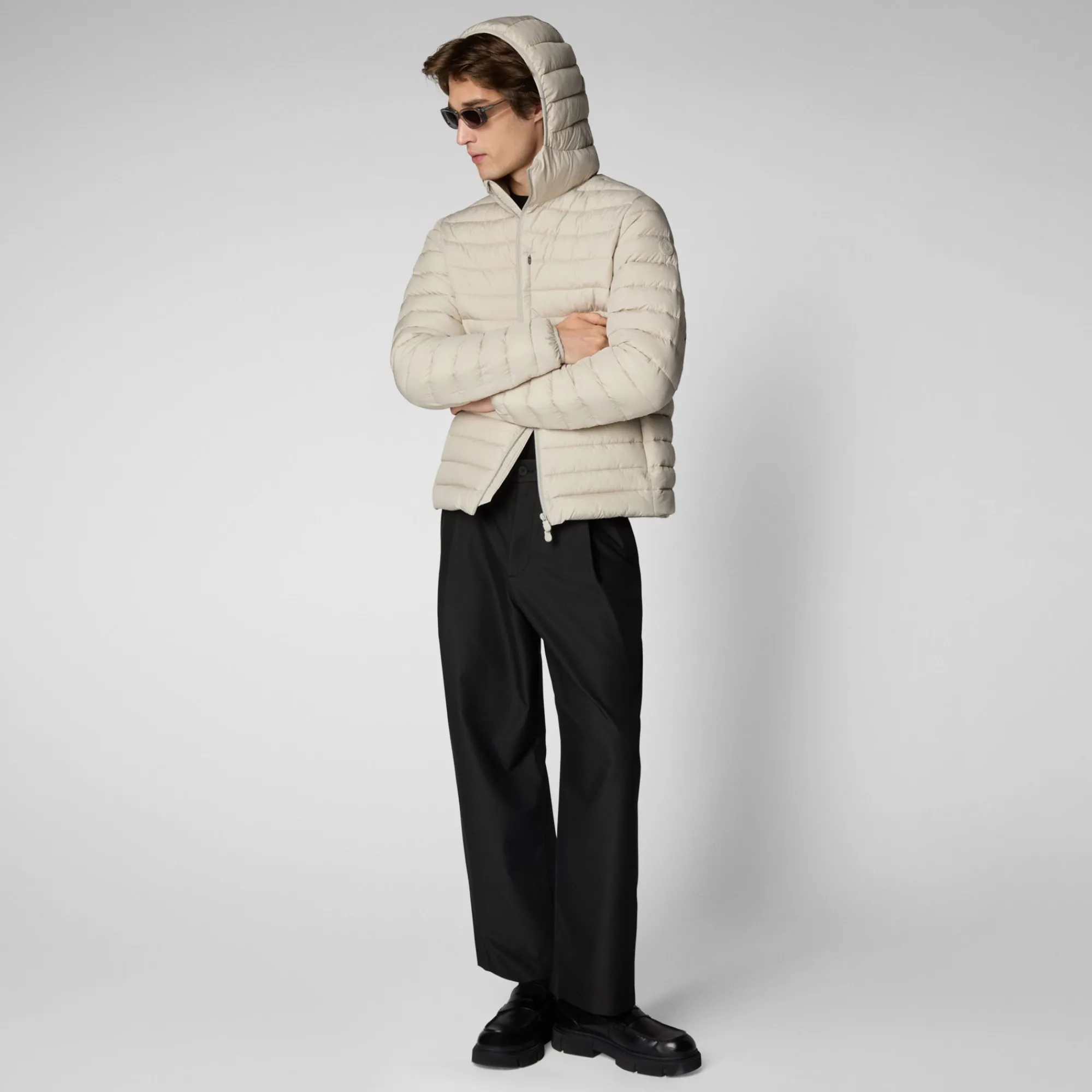 Shop Save The Duck Men's Hooded Animal free Puffer Jacket Juncus in Rainy Beige RainyBeige