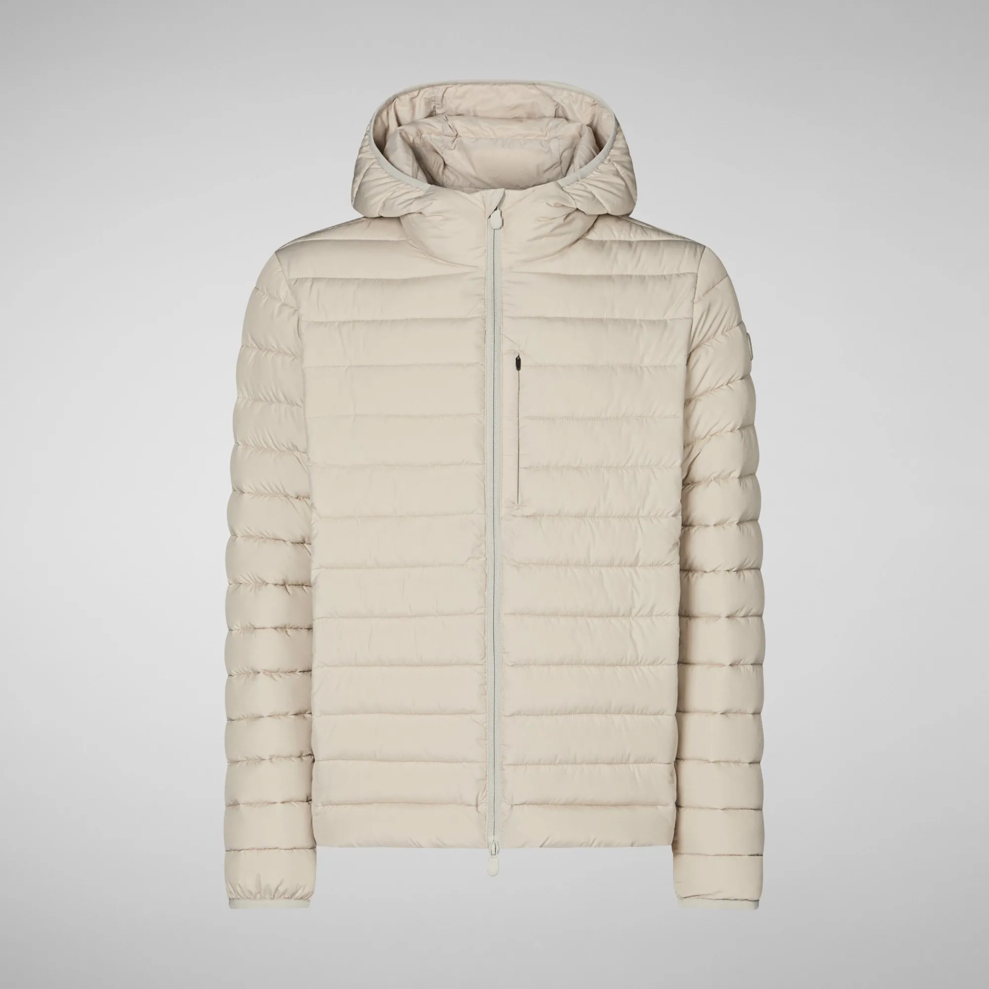 Shop Save The Duck Men's Hooded Animal free Puffer Jacket Juncus in Rainy Beige RainyBeige