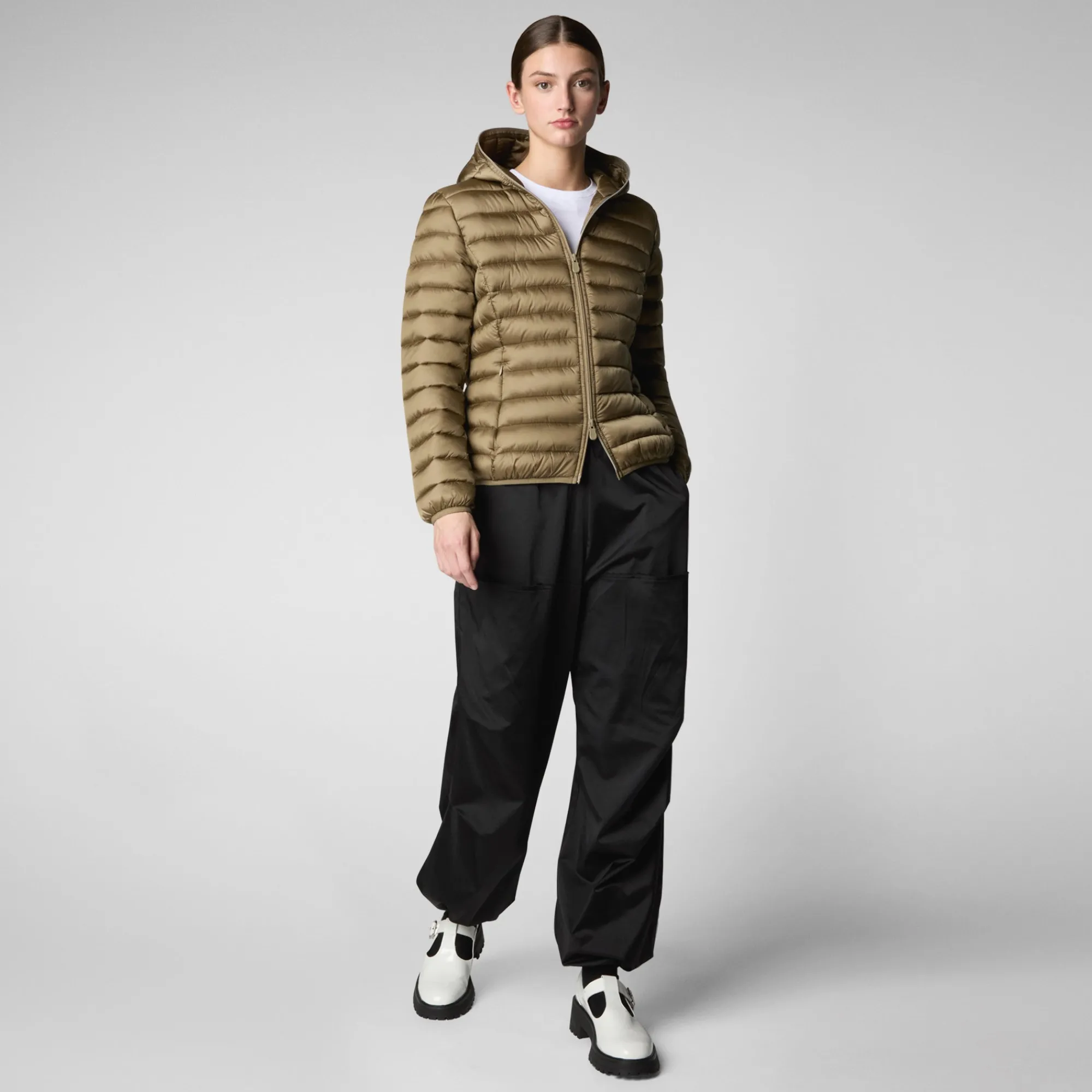 Clearance Save The Duck Women's Alexis Hooded Animal free Puffer Jacket in Husk Green HuskGreen