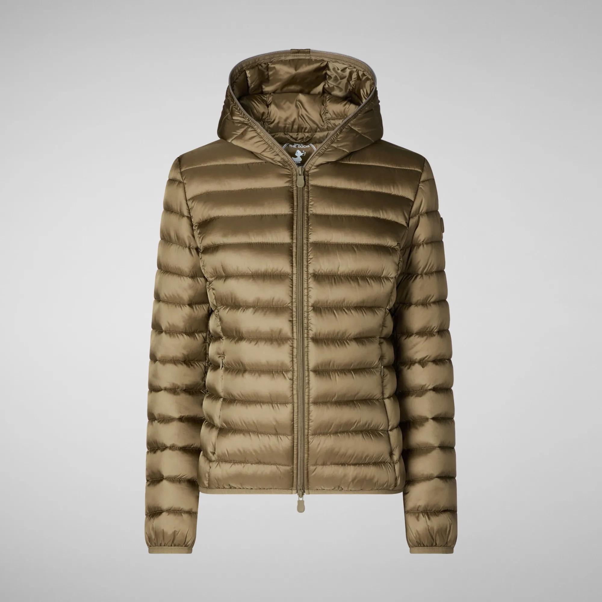 Clearance Save The Duck Women's Alexis Hooded Animal free Puffer Jacket in Husk Green HuskGreen