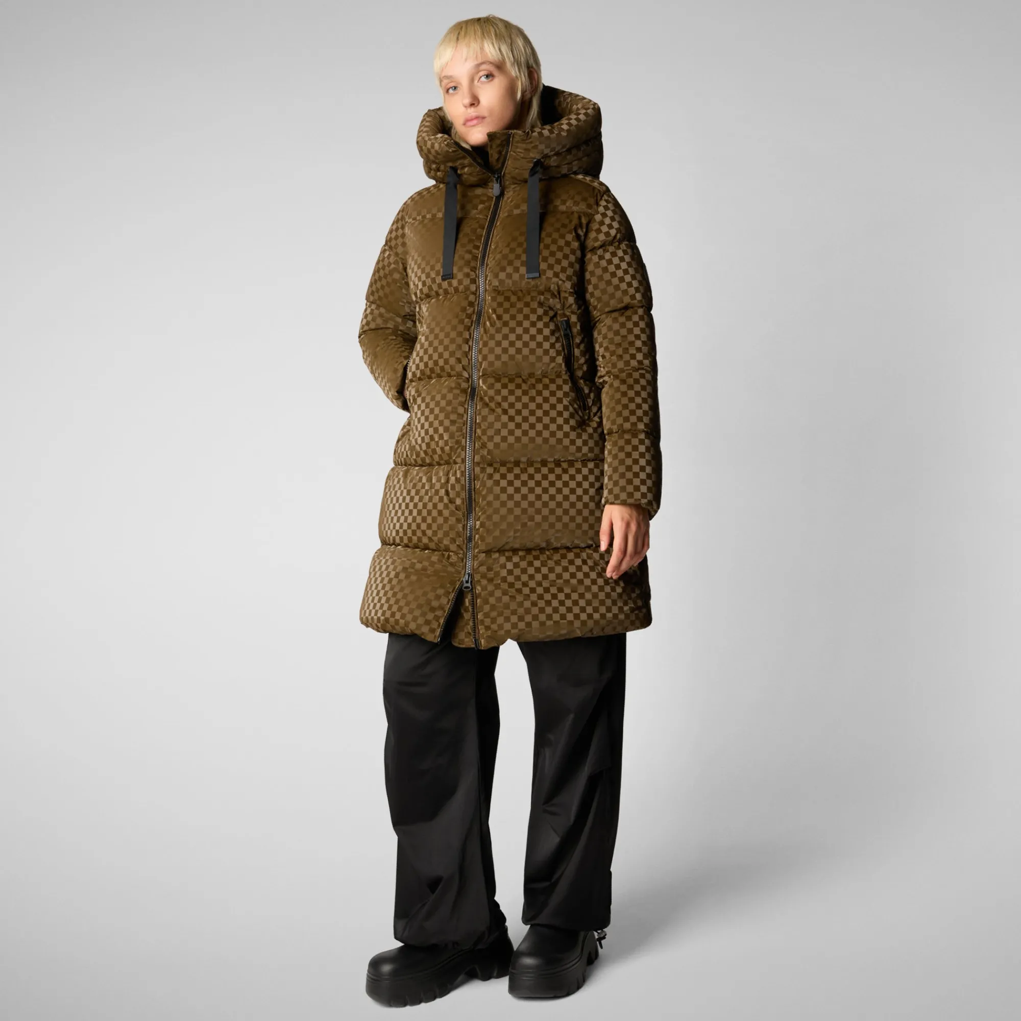 Discount Save The Duck Women's Amaranta Hooded Animal free Puffer Coat in Bark Green BarkGreen