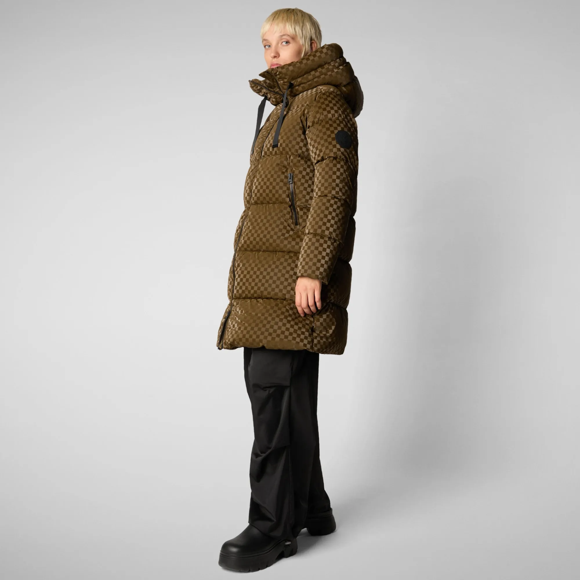 Discount Save The Duck Women's Amaranta Hooded Animal free Puffer Coat in Bark Green BarkGreen
