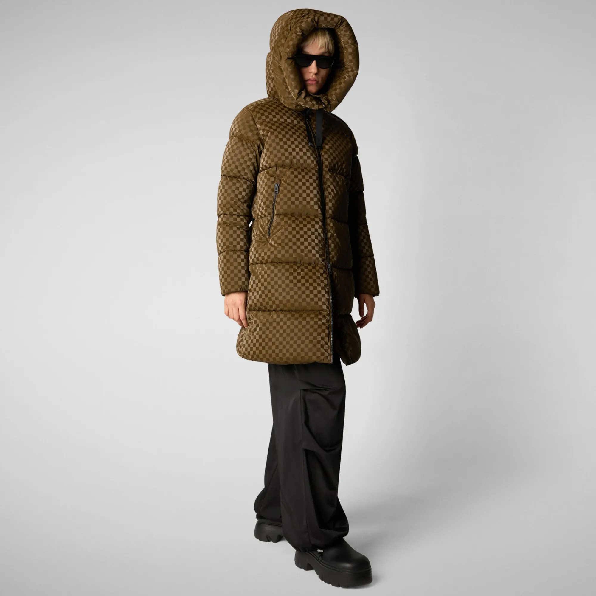 Discount Save The Duck Women's Amaranta Hooded Animal free Puffer Coat in Bark Green BarkGreen