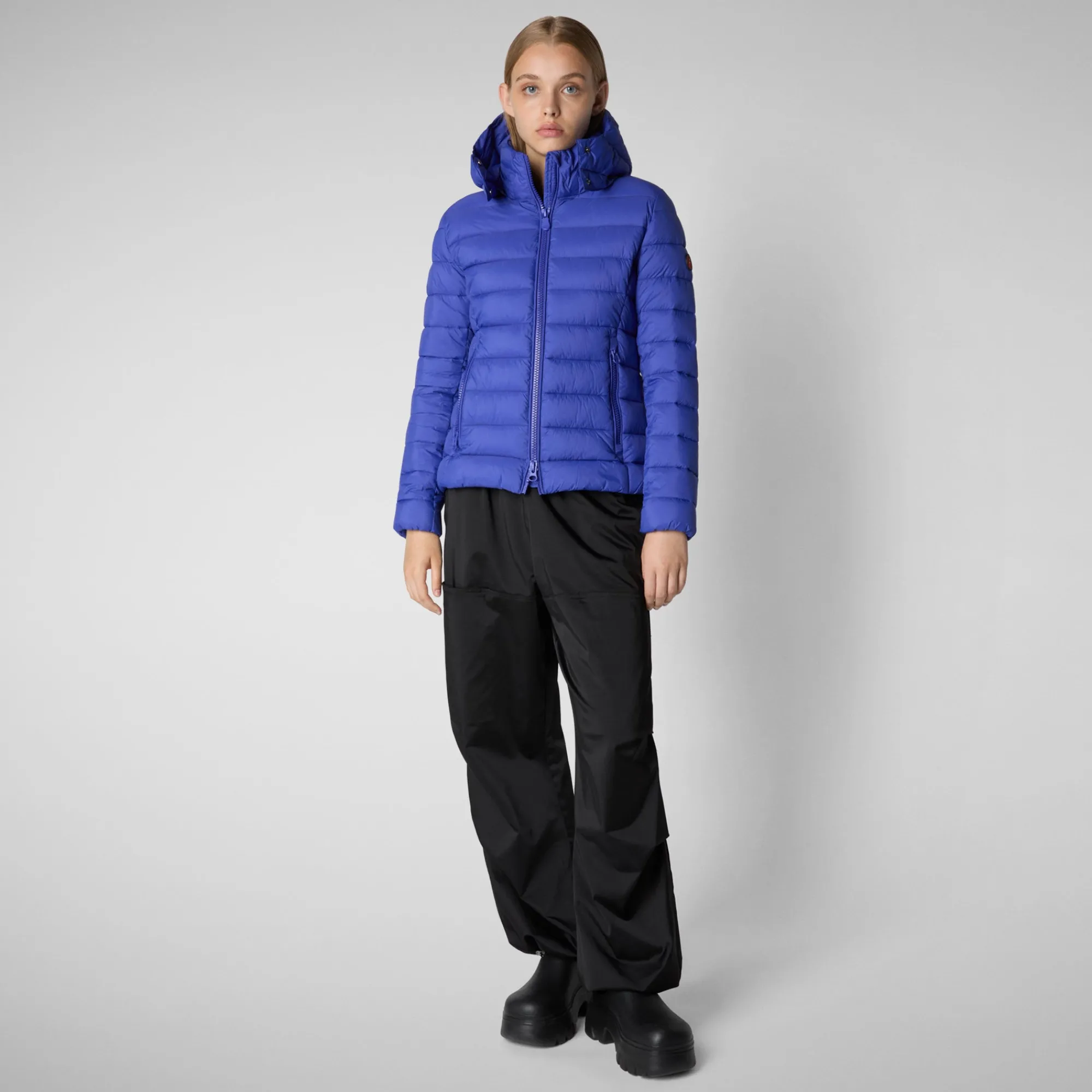 Clearance Save The Duck Women's Amelie Animal free Puffer Jacket with Detachable Hood in Gentian Blue GentianBlue