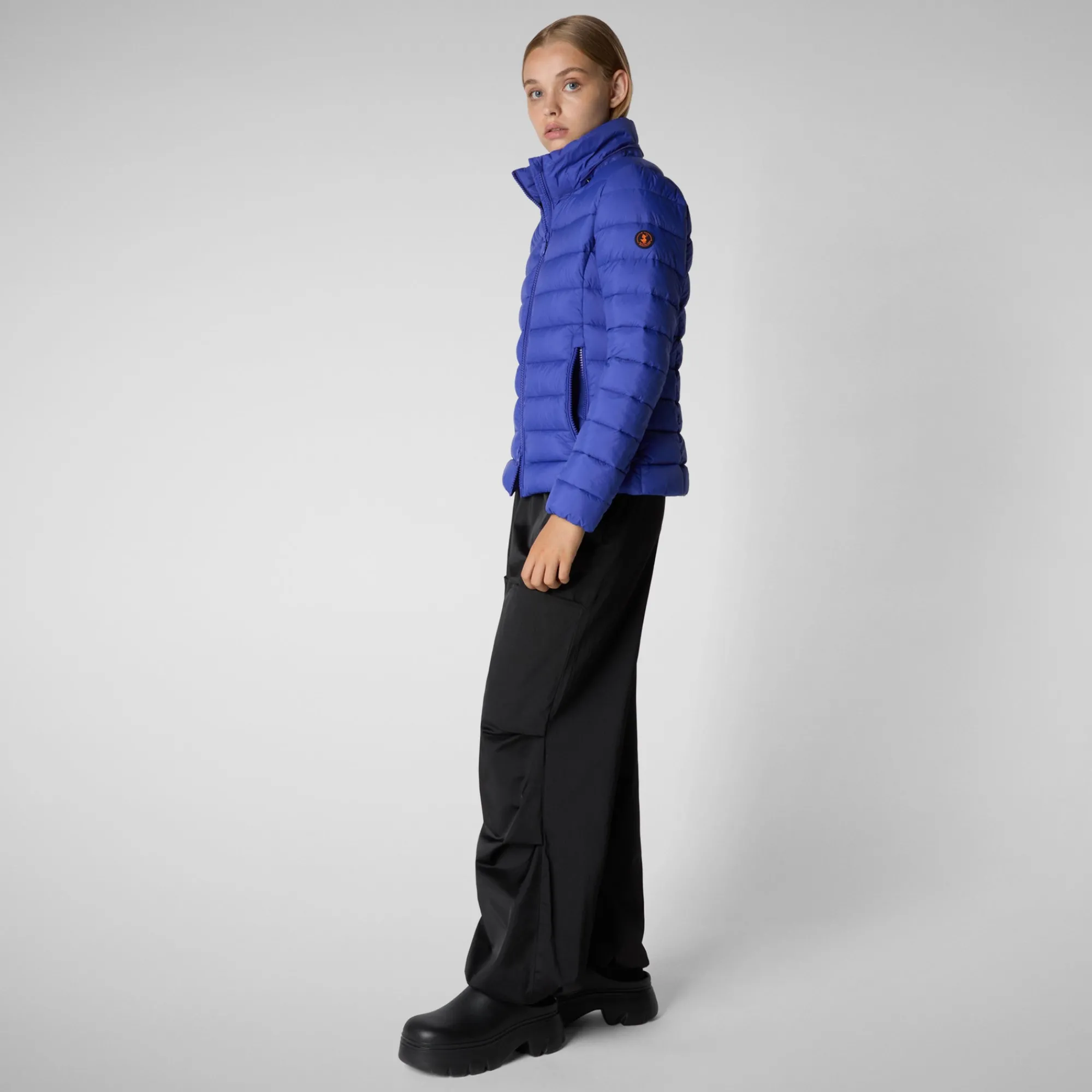 Clearance Save The Duck Women's Amelie Animal free Puffer Jacket with Detachable Hood in Gentian Blue GentianBlue