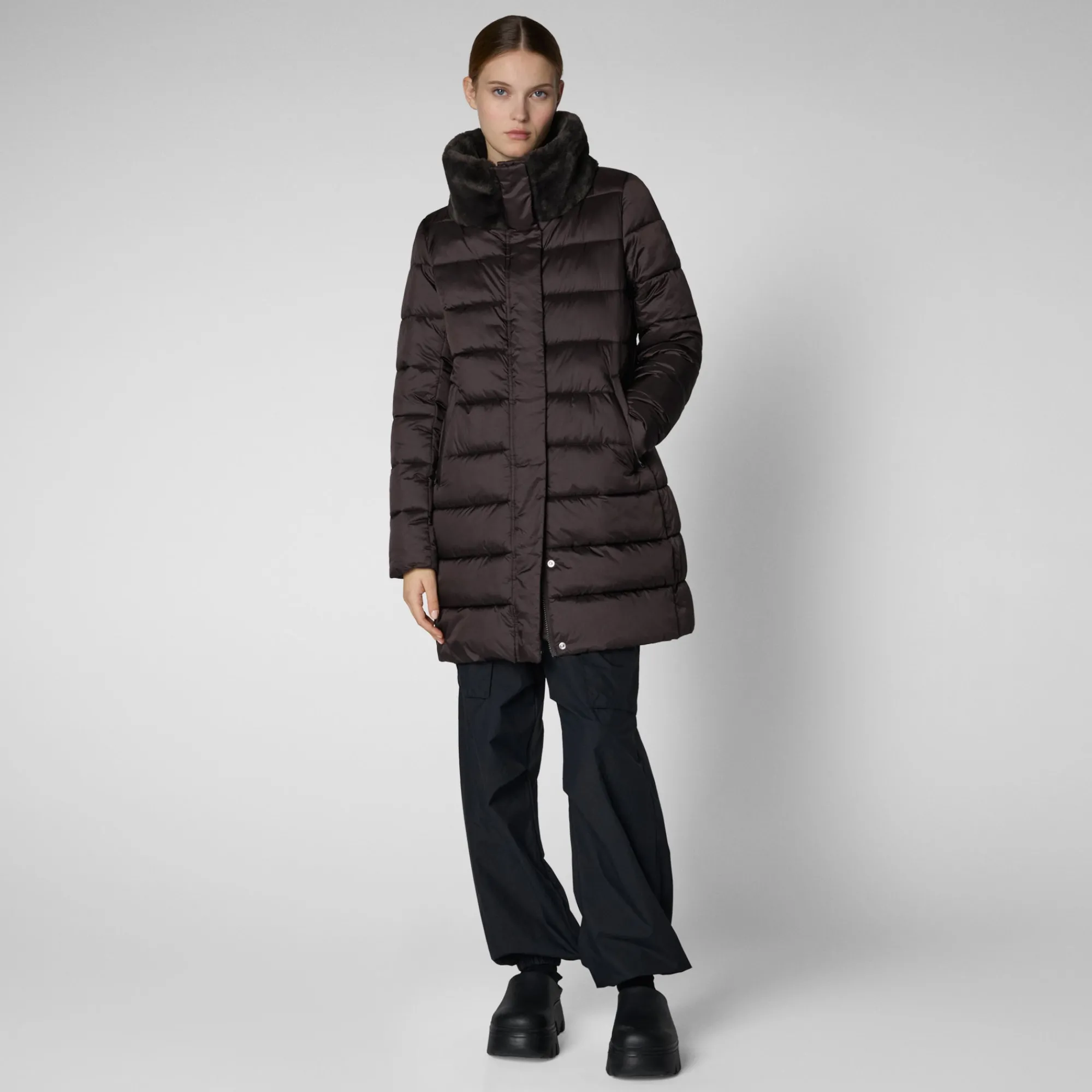 New Save The Duck Women's Animal free Puffer Coat Dalea with Faux Fur Collar in Brown Black BrownBlack