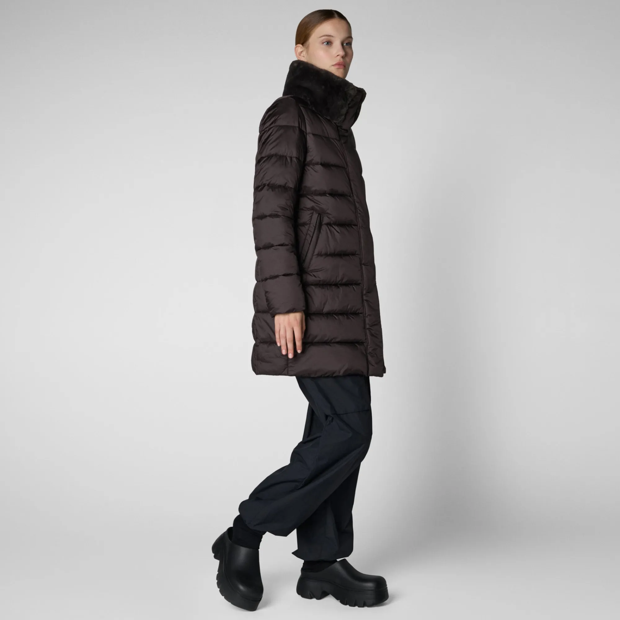 New Save The Duck Women's Animal free Puffer Coat Dalea with Faux Fur Collar in Brown Black BrownBlack