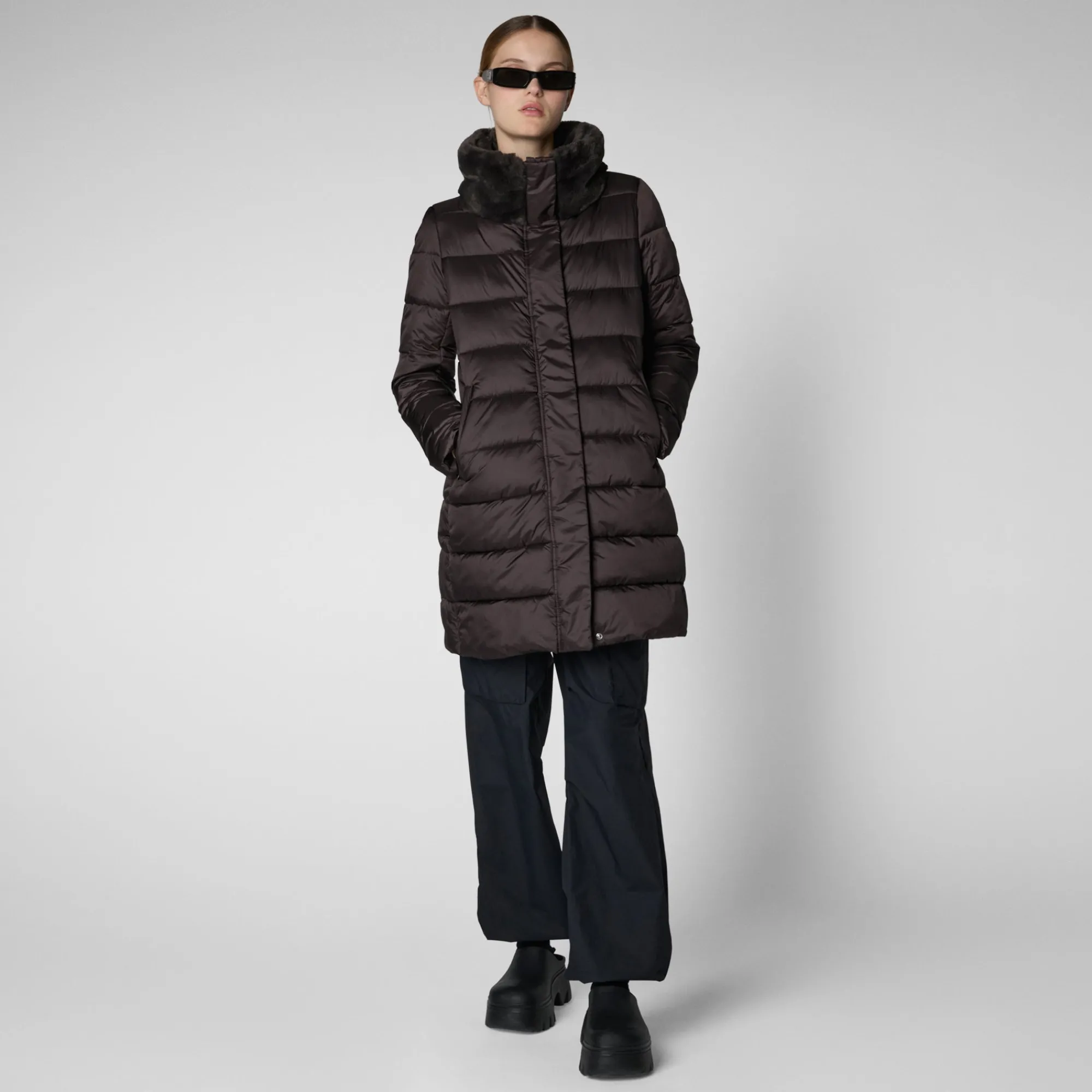 New Save The Duck Women's Animal free Puffer Coat Dalea with Faux Fur Collar in Brown Black BrownBlack