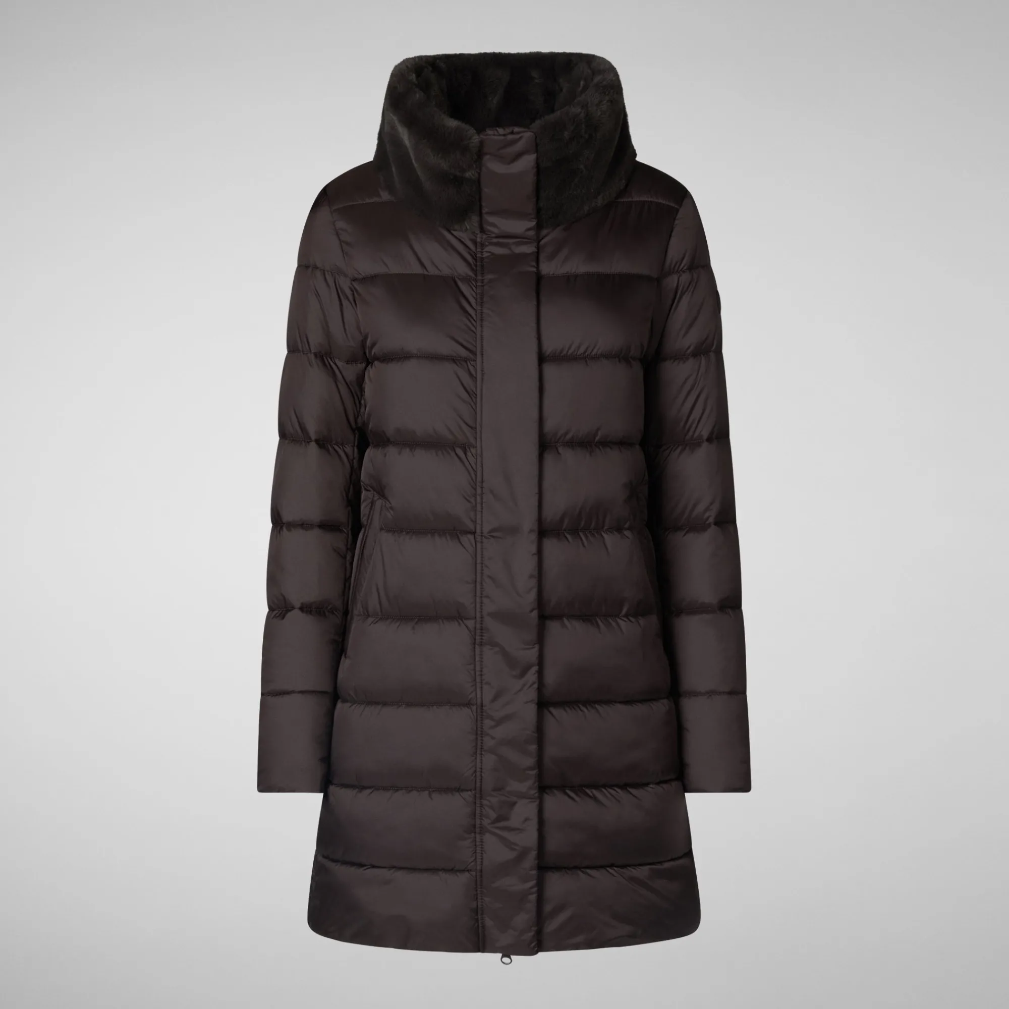 New Save The Duck Women's Animal free Puffer Coat Dalea with Faux Fur Collar in Brown Black BrownBlack
