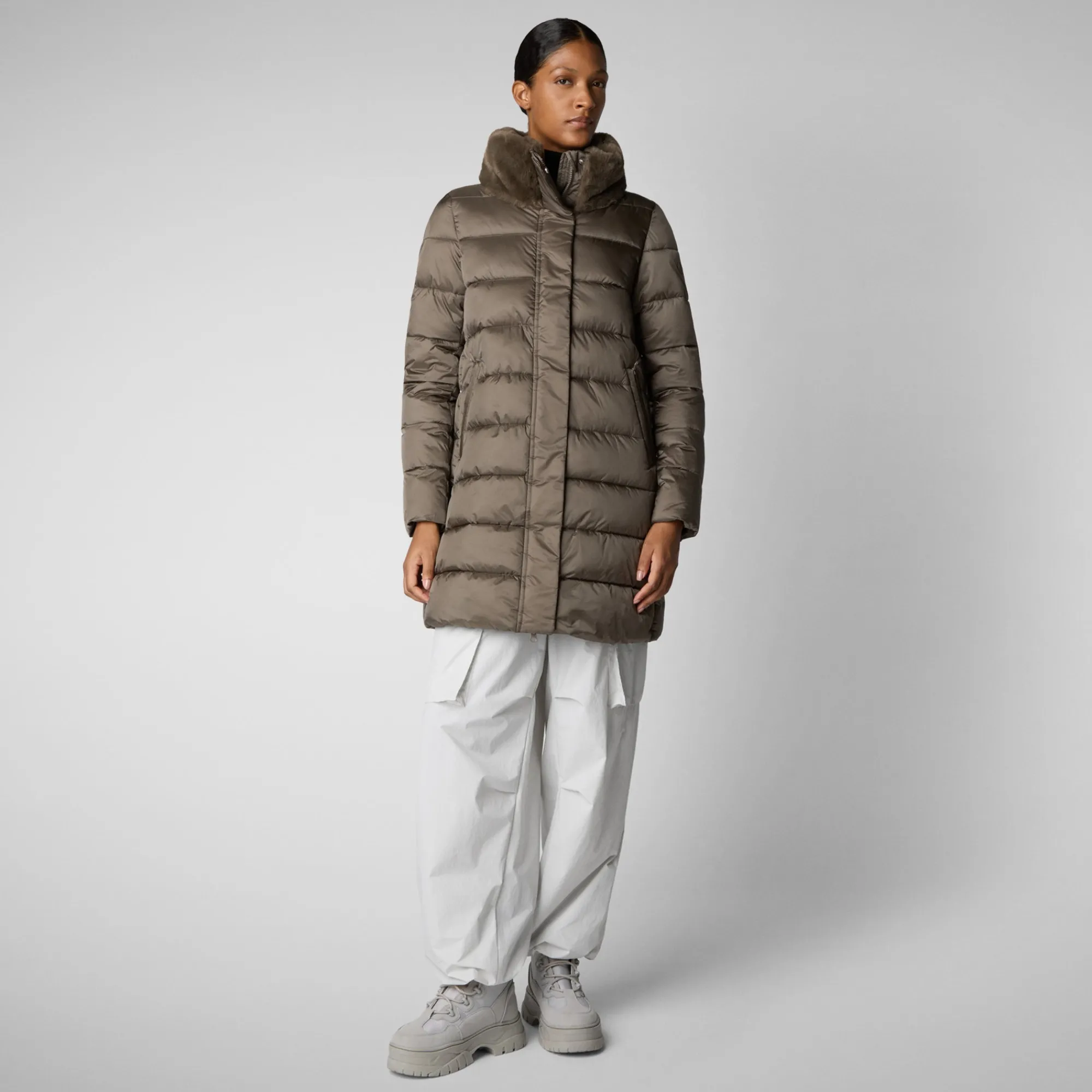 Online Save The Duck Women's Animal free Puffer Coat Dalea with Faux Fur Collar in Mud Grey MudGrey