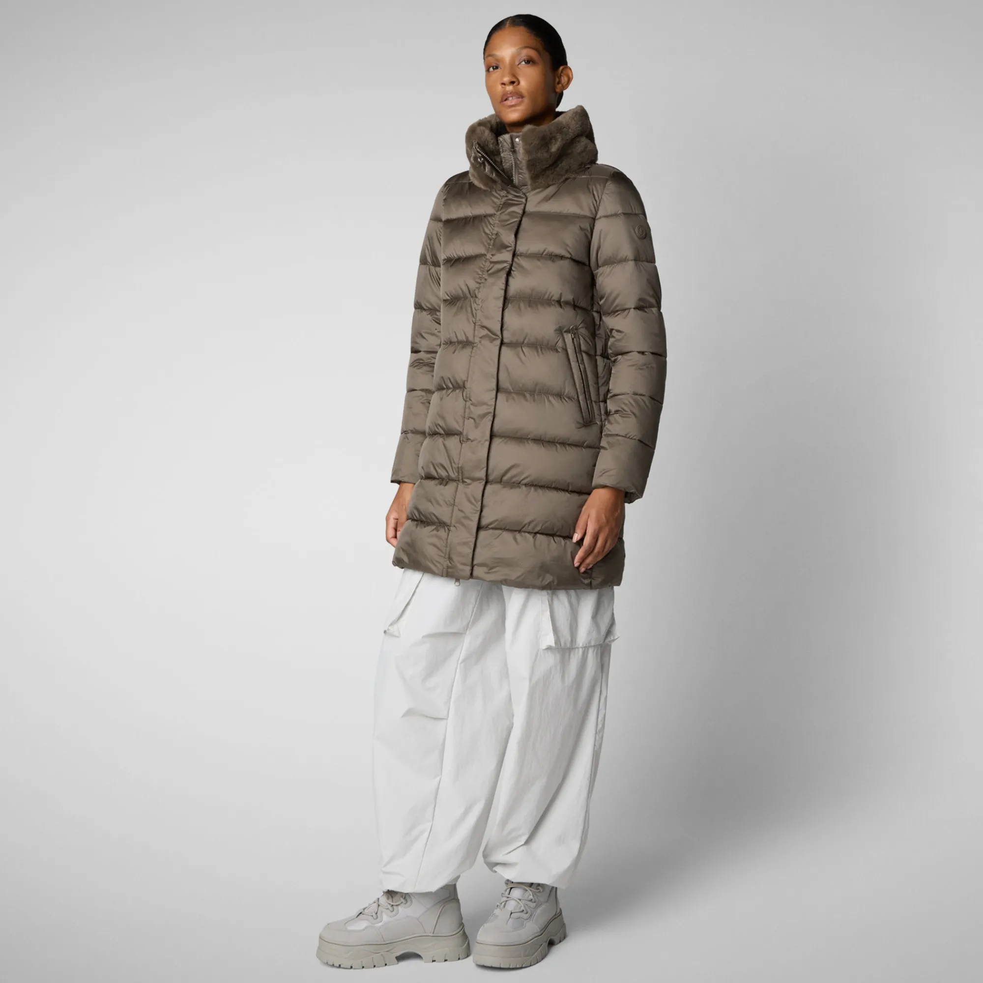 Online Save The Duck Women's Animal free Puffer Coat Dalea with Faux Fur Collar in Mud Grey MudGrey