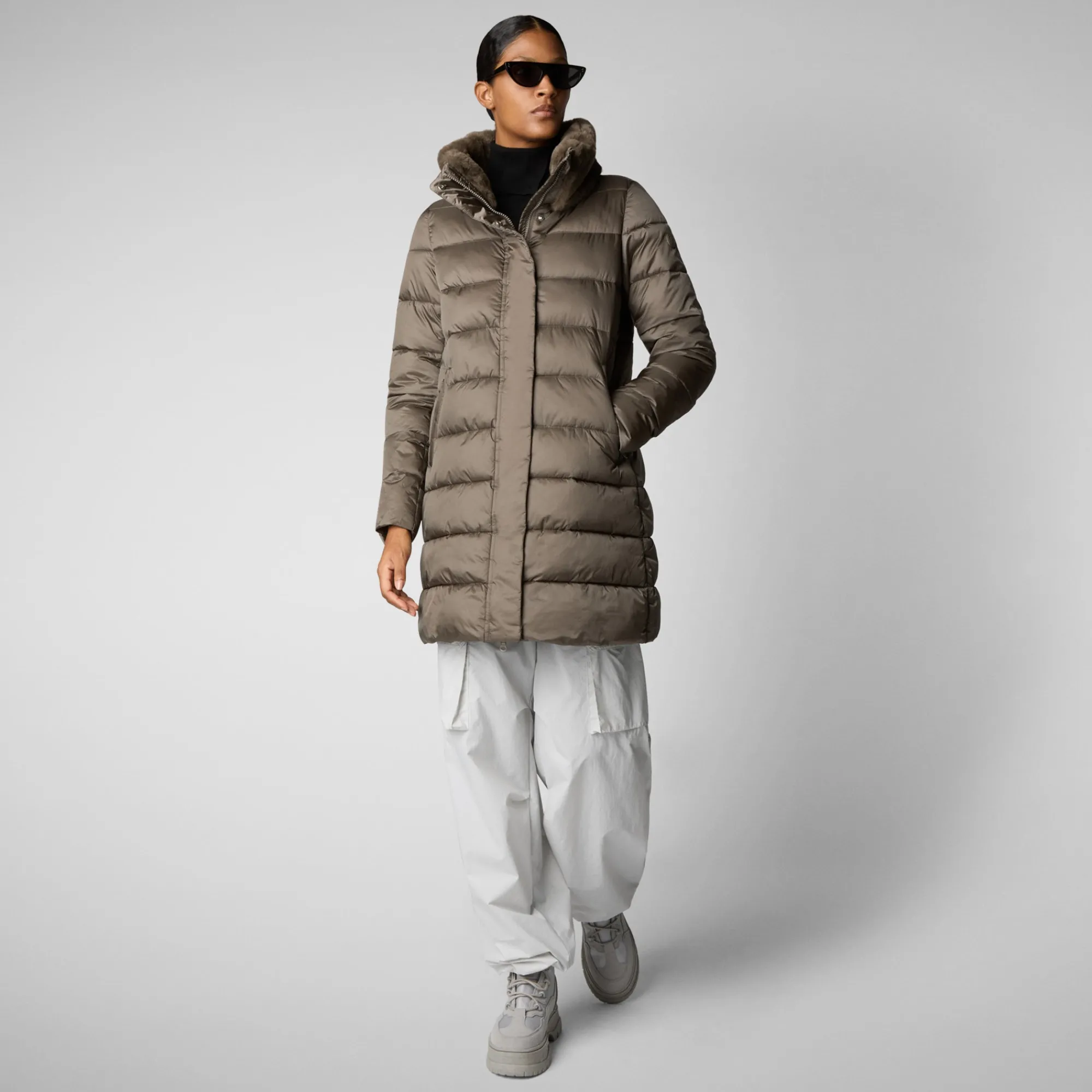 Online Save The Duck Women's Animal free Puffer Coat Dalea with Faux Fur Collar in Mud Grey MudGrey