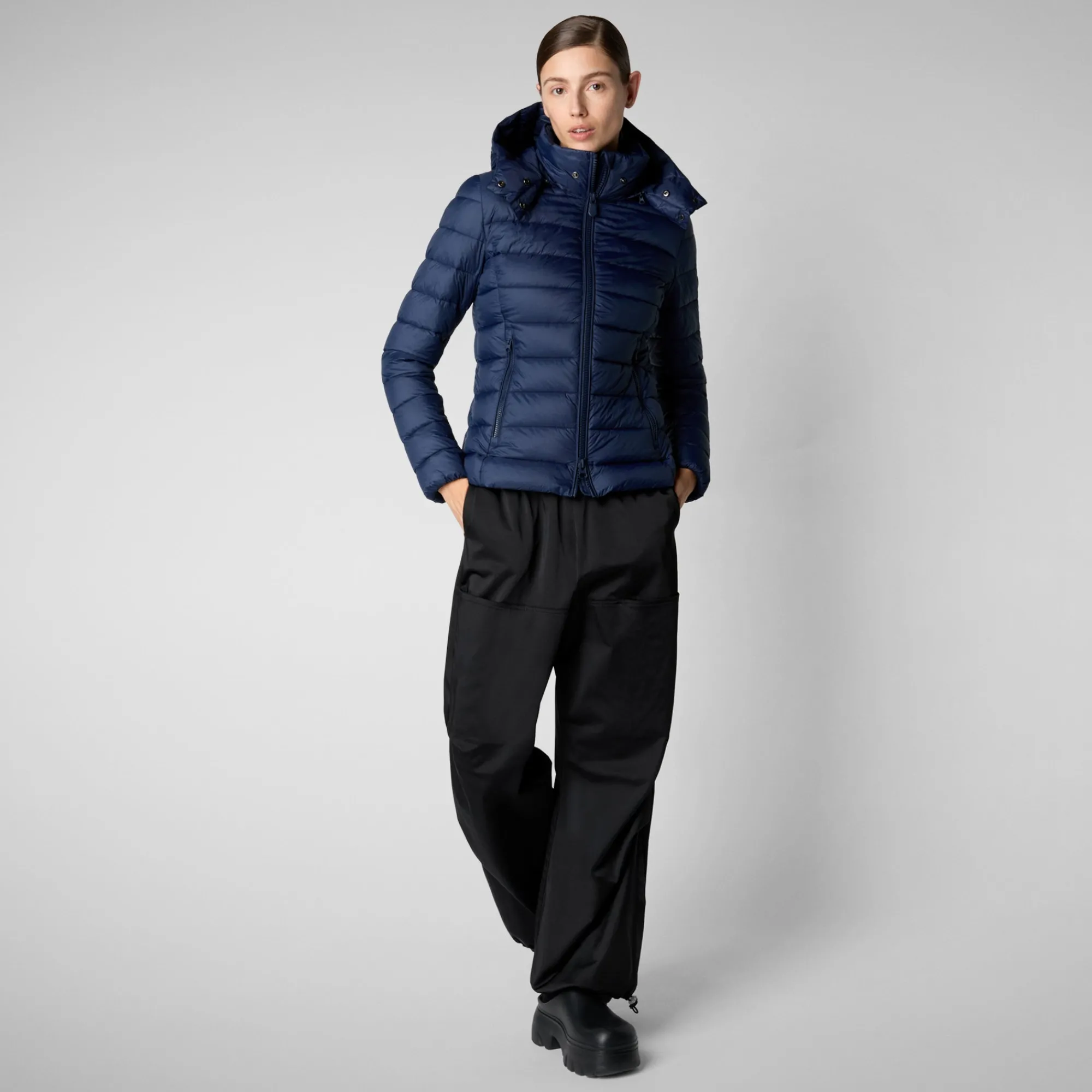 Best Sale Save The Duck Women's Animal free Puffer Jacket Amelie  with Detachable Hood in Navy Blue NavyBlue