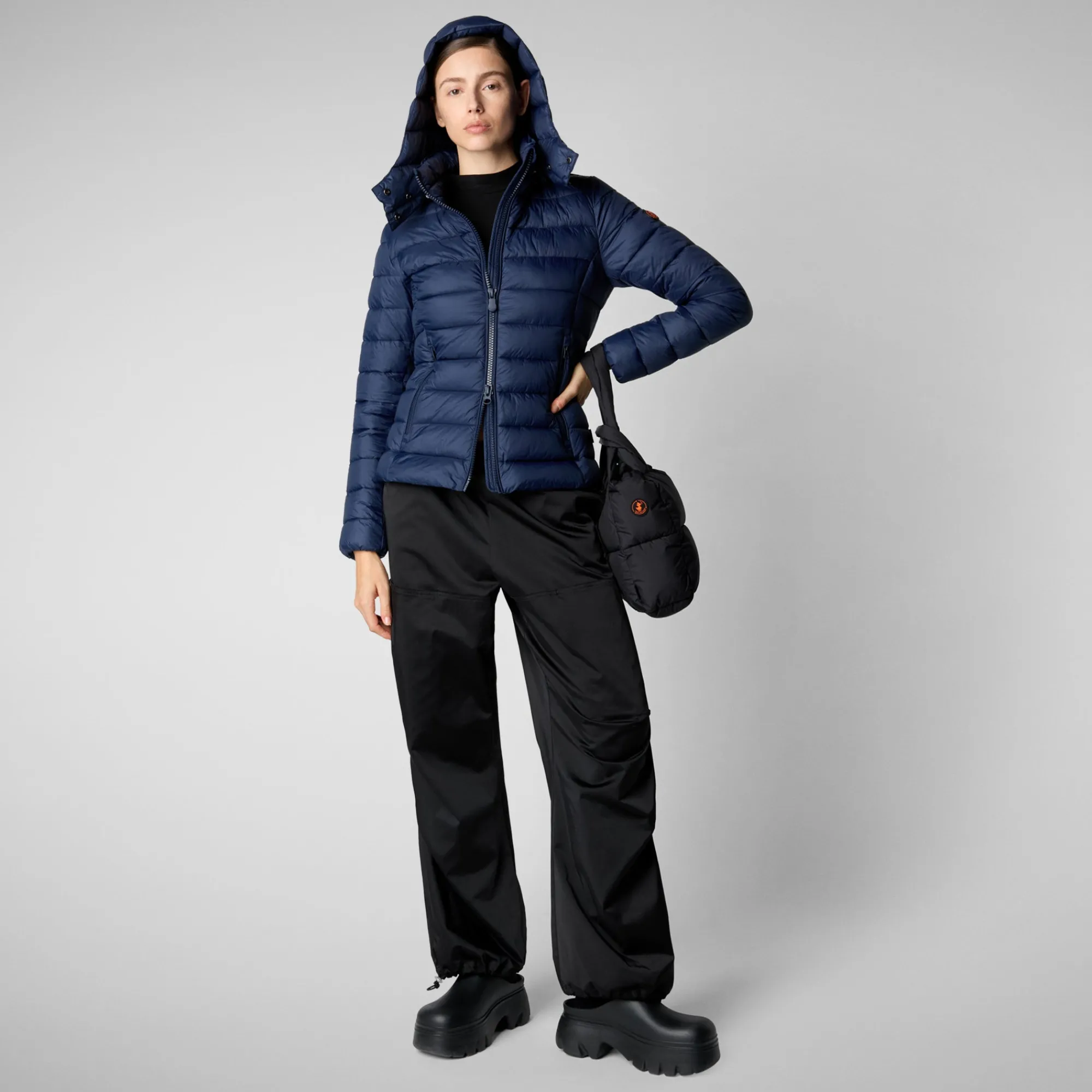 Best Sale Save The Duck Women's Animal free Puffer Jacket Amelie  with Detachable Hood in Navy Blue NavyBlue