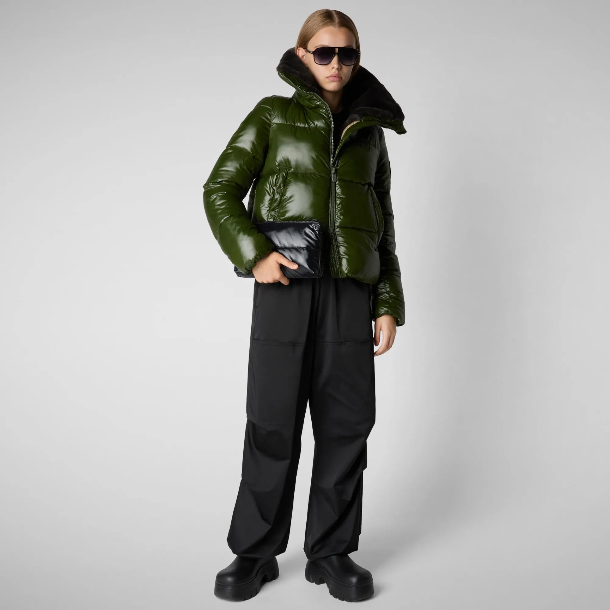Cheap Save The Duck Women's Animal free Puffer Jacket Moma  with Faux Fur Lining in Pine Green PineGreen