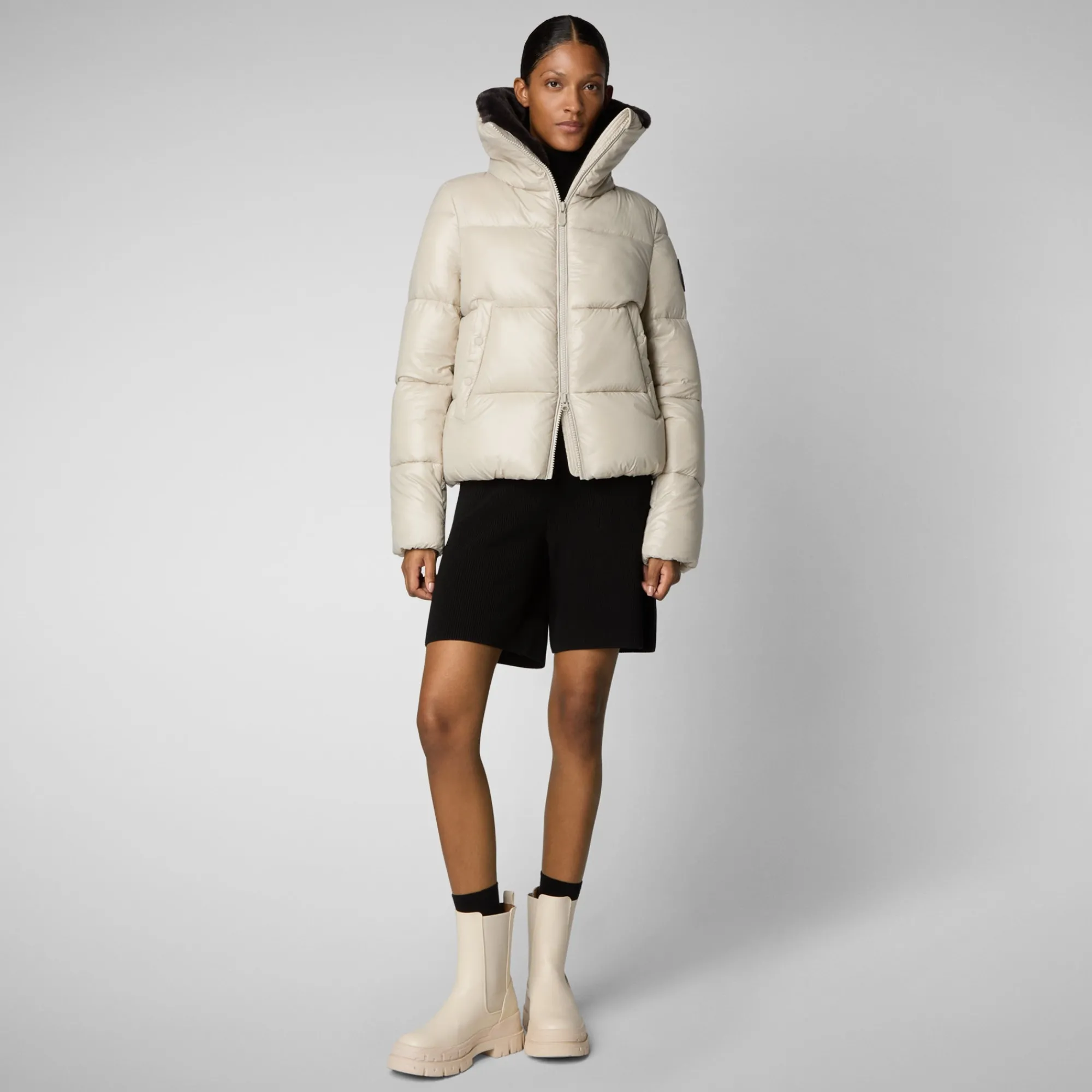 Fashion Save The Duck Women's Animal free Puffer Jacket Moma with Faux Fur Lining in Rainy Beige RainyBeige
