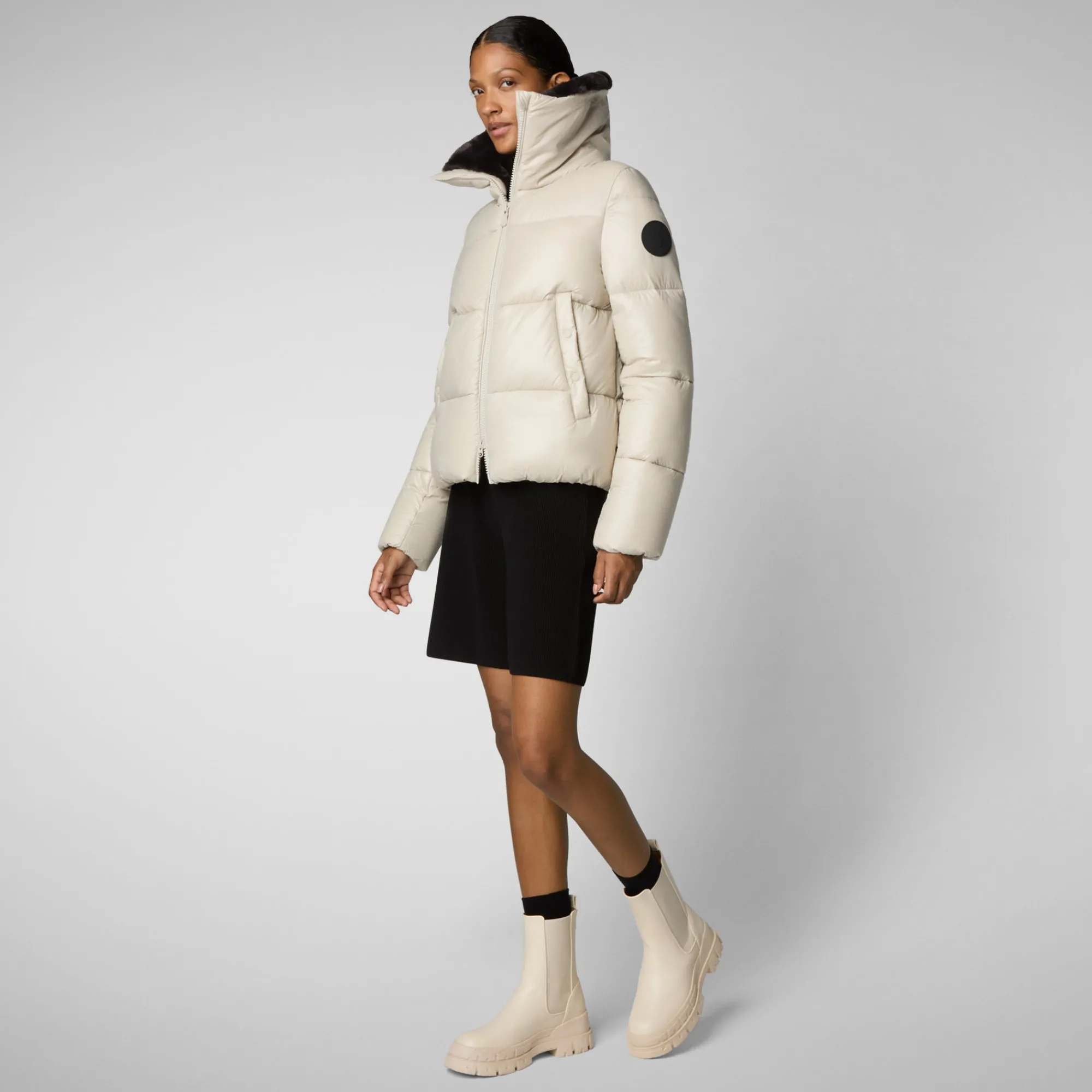 Fashion Save The Duck Women's Animal free Puffer Jacket Moma with Faux Fur Lining in Rainy Beige RainyBeige