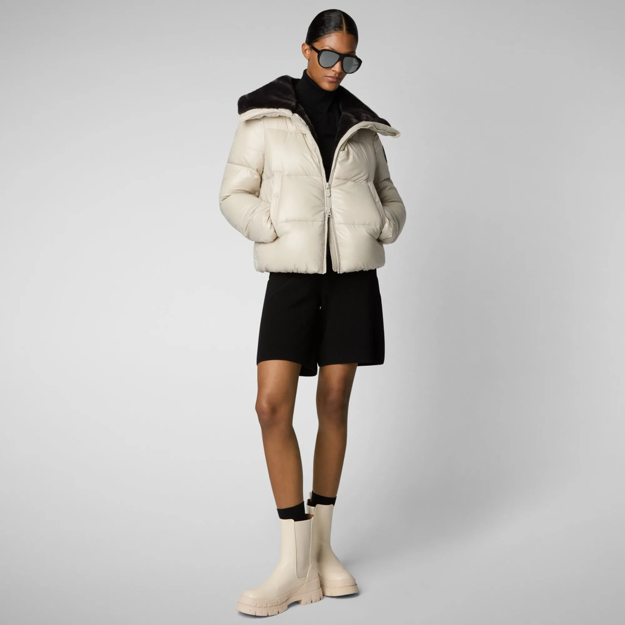 Fashion Save The Duck Women's Animal free Puffer Jacket Moma with Faux Fur Lining in Rainy Beige RainyBeige