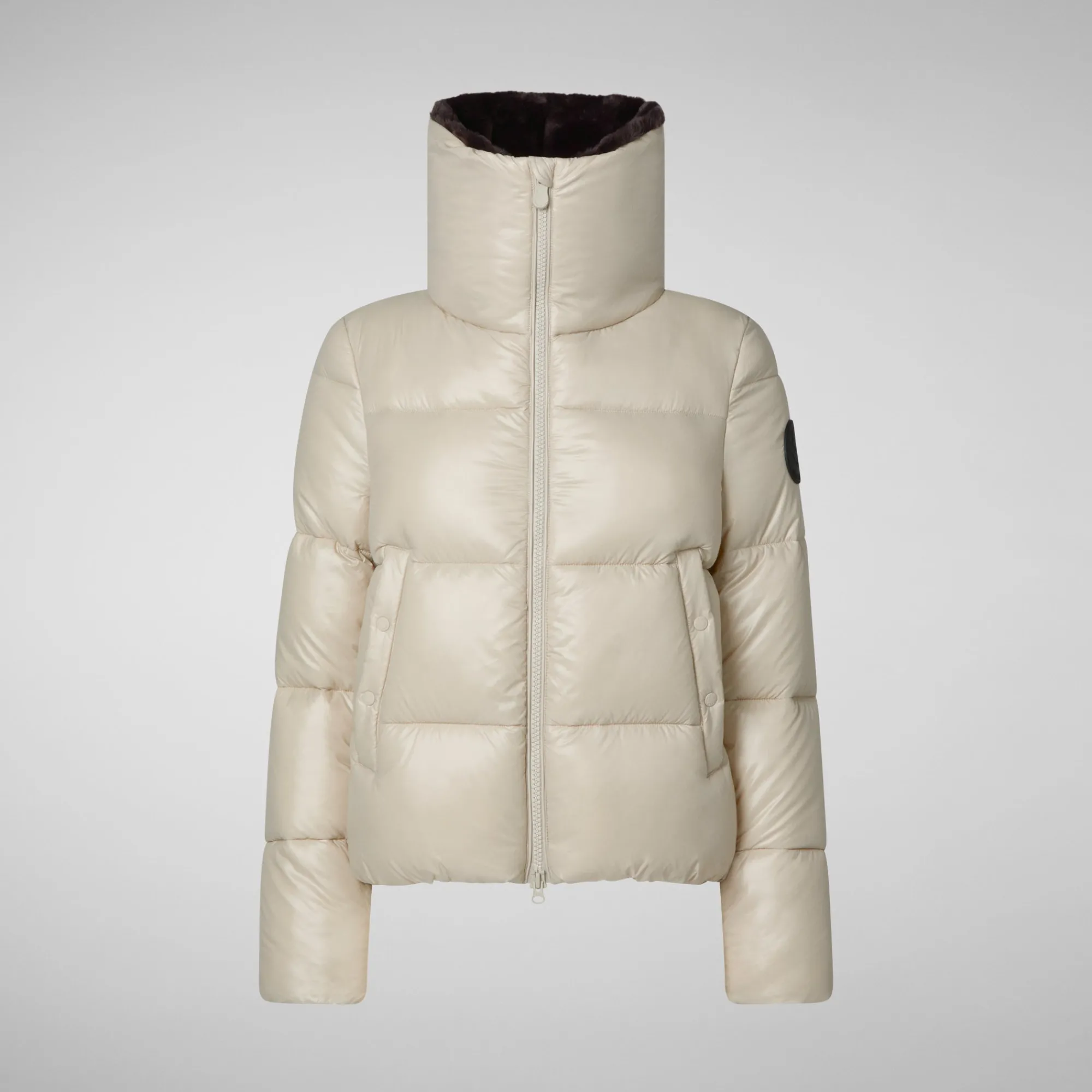 Fashion Save The Duck Women's Animal free Puffer Jacket Moma with Faux Fur Lining in Rainy Beige RainyBeige