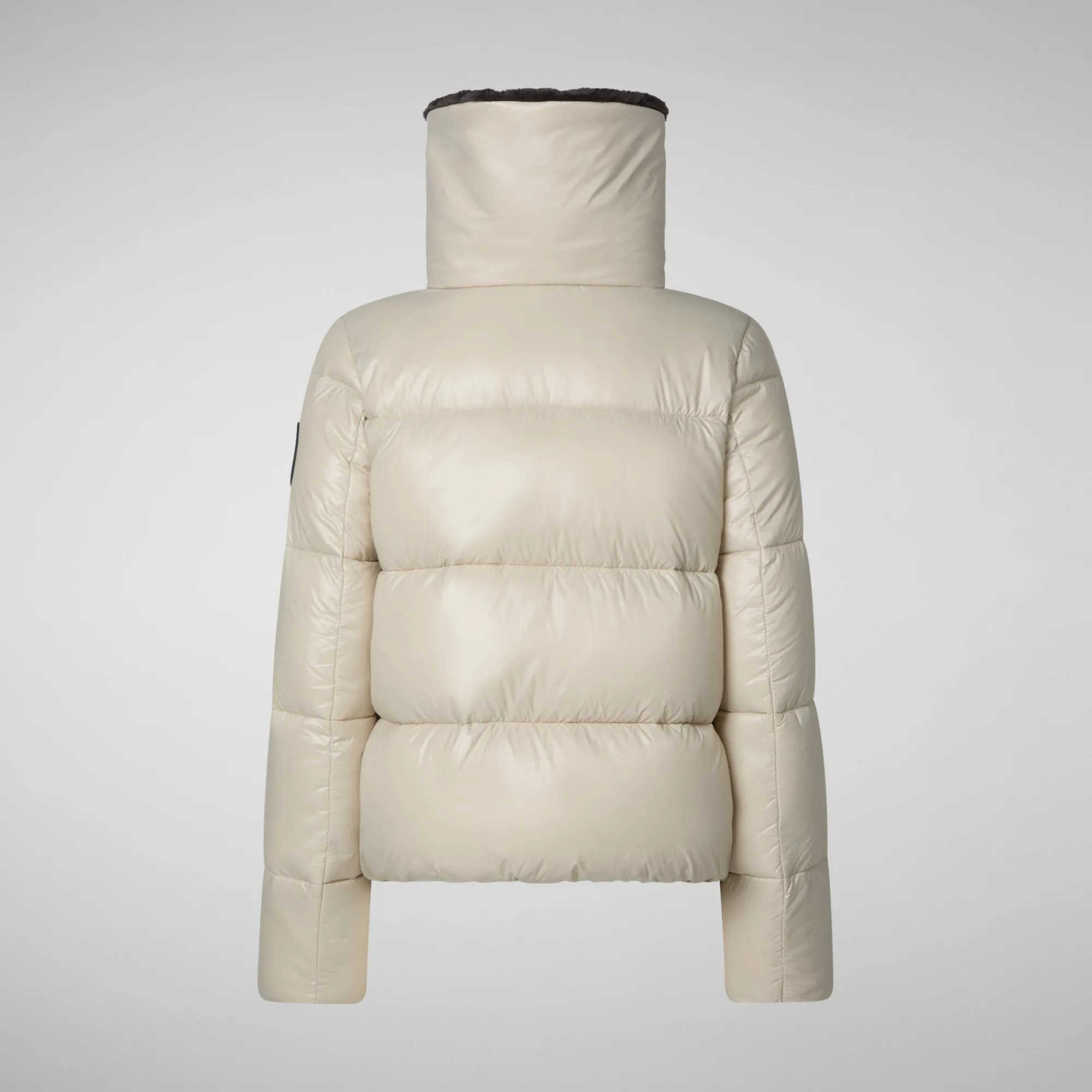 Fashion Save The Duck Women's Animal free Puffer Jacket Moma with Faux Fur Lining in Rainy Beige RainyBeige