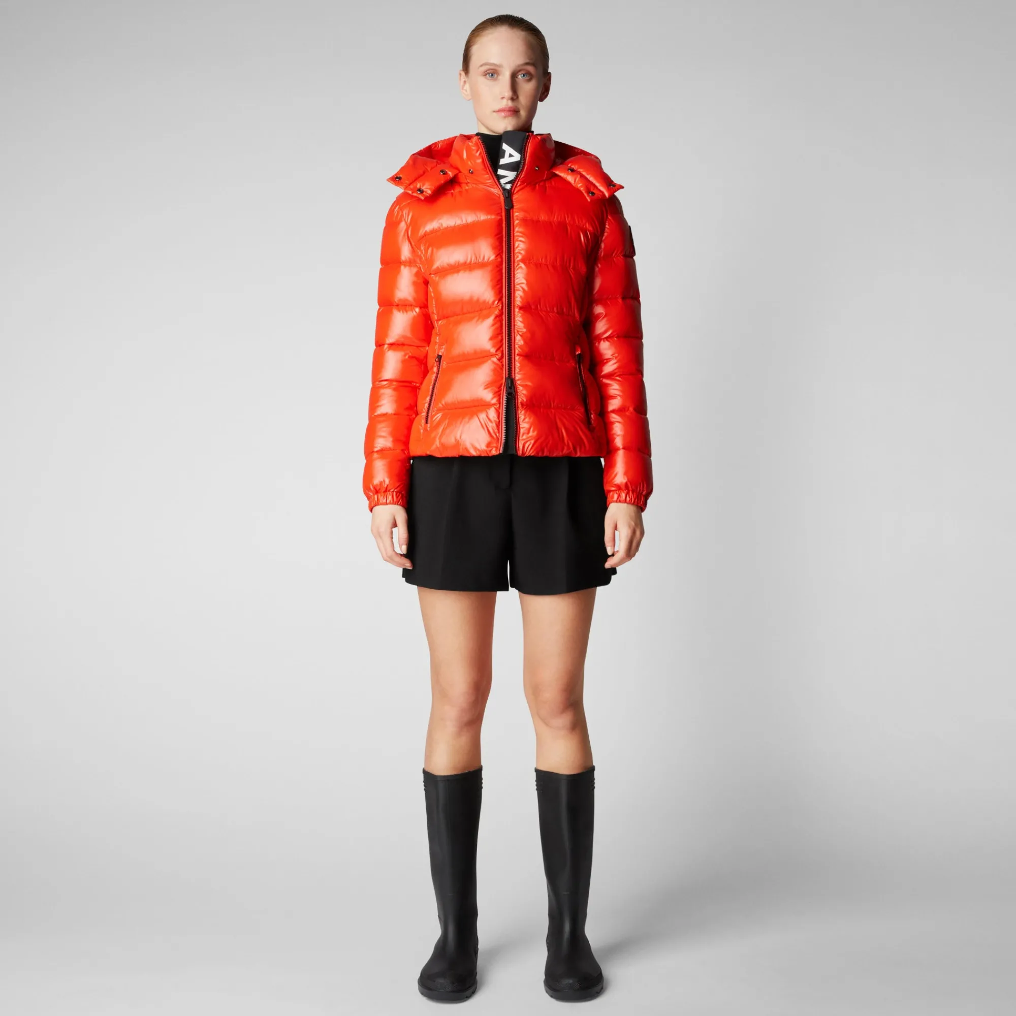 Store Save The Duck Women's Cosmary Puffer Jacket with Detachable Hood in Poppy Red PoppyRed
